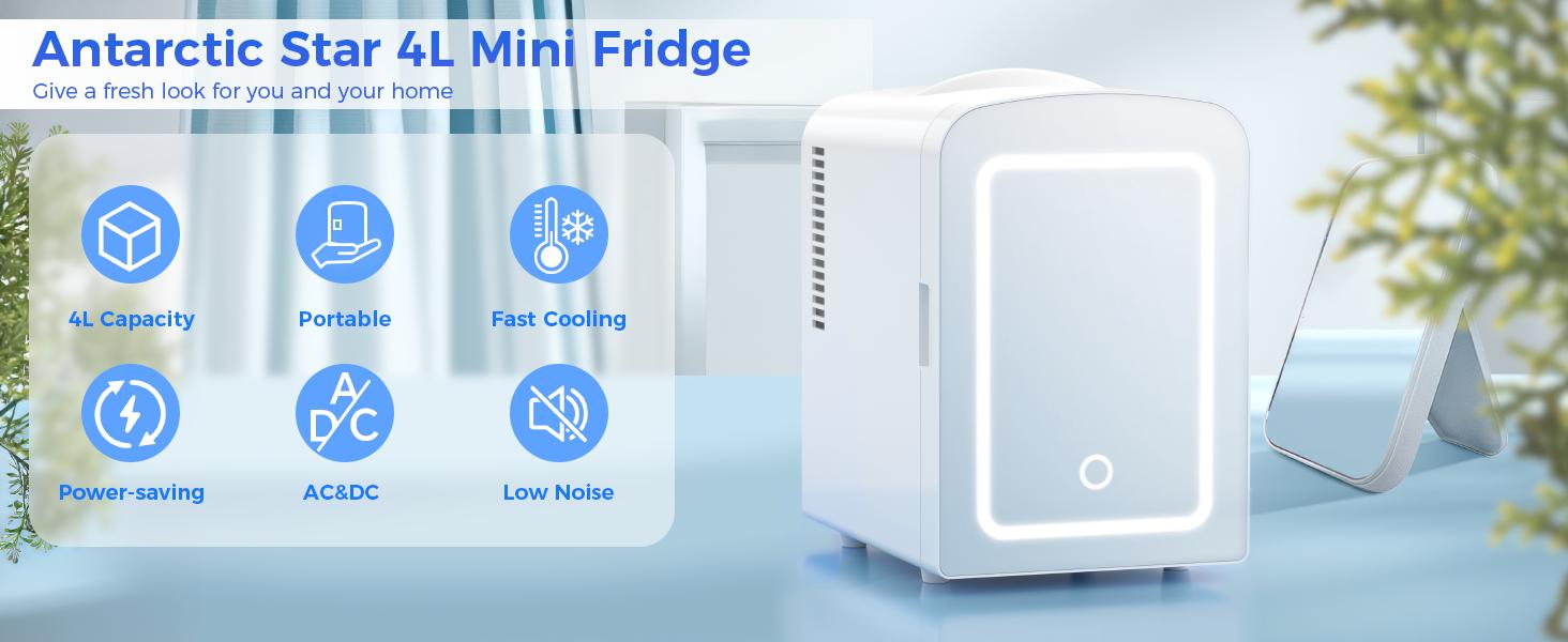 【BackToSchool】Antarctic Star Mini Refrigerator - 4L/12oz Mini Refrigerators with Adjustable-Brightness LED Cooling Mirror, 9.65"d Saves Desk Space, Fluorine-Free Eco-Friendly for Small Spaces, Bedroom to Dorm Ready,back to school,back to school haul