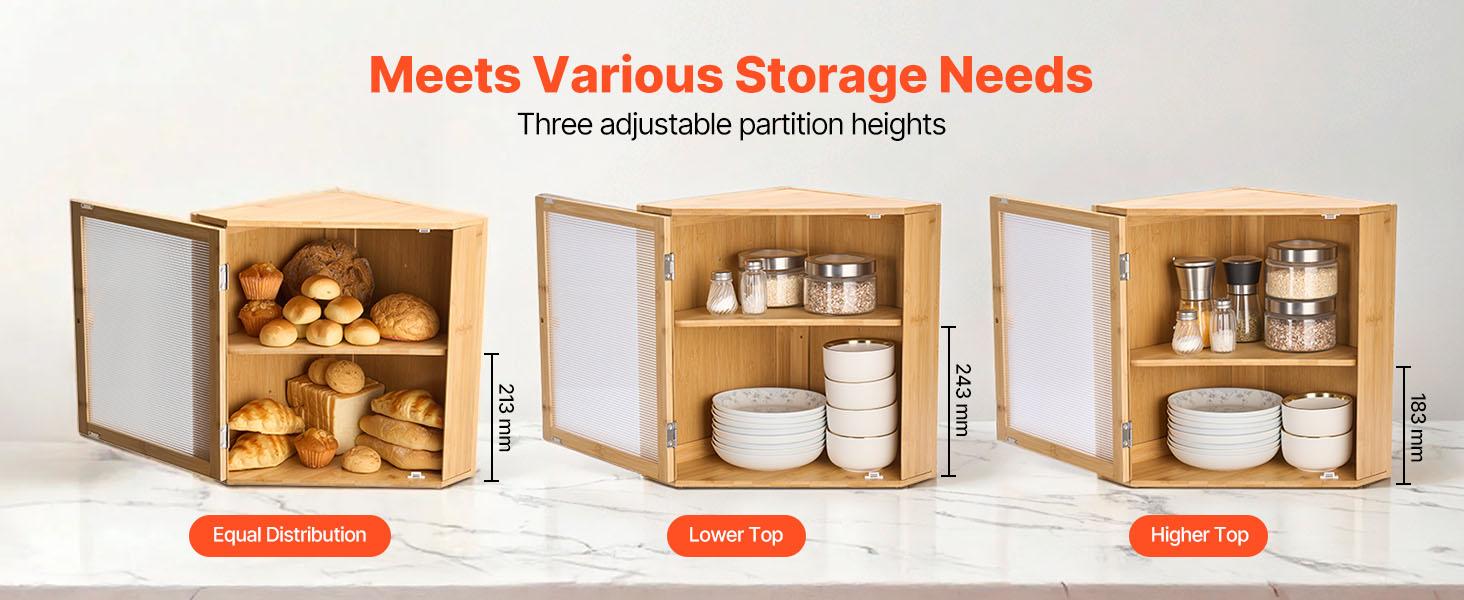 VEVOR Corner Bread Box for Kitchen Counter, Double Layer Large Capacity Bamboo Bread Storage Container, Farmhouse Wooden Breadbox for Homemade Bread, Storage Holder Bin with Acrylic Wavy Door, Natural