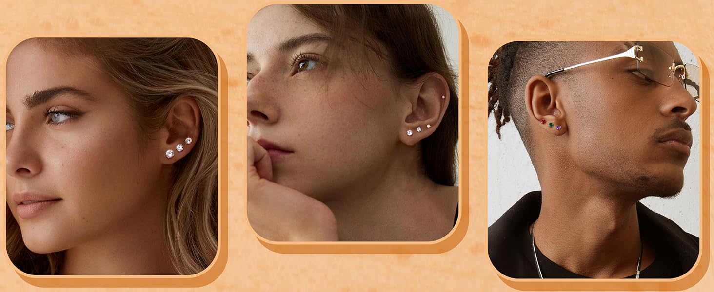 Trendy 7 Pairs  Hypoallergenic Flat Back Earrings for Women Men Silver 14K Plated Gold Stainless Steel Stud Earrings Brithstone  Cubic Zirconia Studs Surgical Steel Cartilage Earrings for Sensitive Ears
