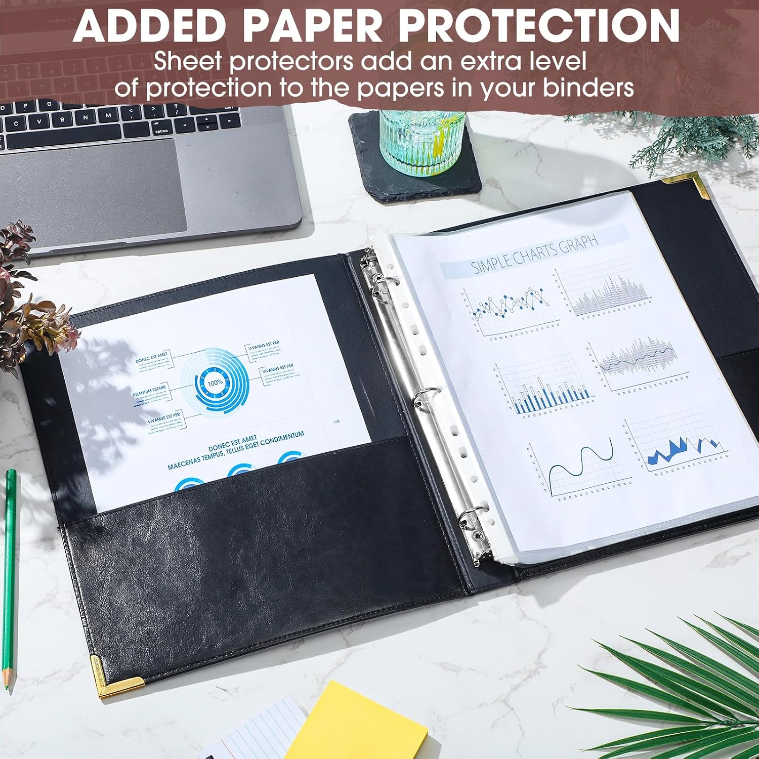 2 count 3 Ring Leather Binder Notebook  Professional Binder Hardback Letter Size 8.5 x 11 Documents Round Rings Holds 200 Sheets with 2 Inner Pockets(0.5 Inch,Black)