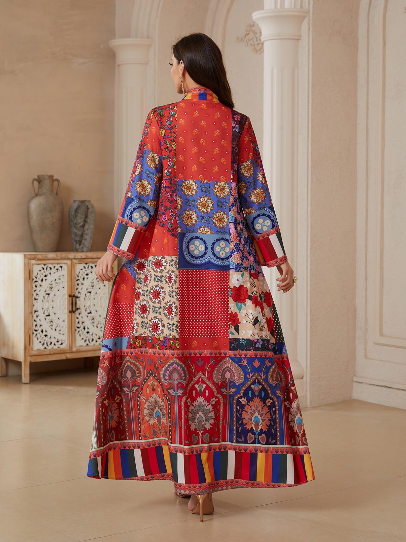 Middle Eastern High-End Custom Rainbow Geometric Totem Robe, Vintage Floral Light Luxury Abaya, Elegant Long Dress for Women