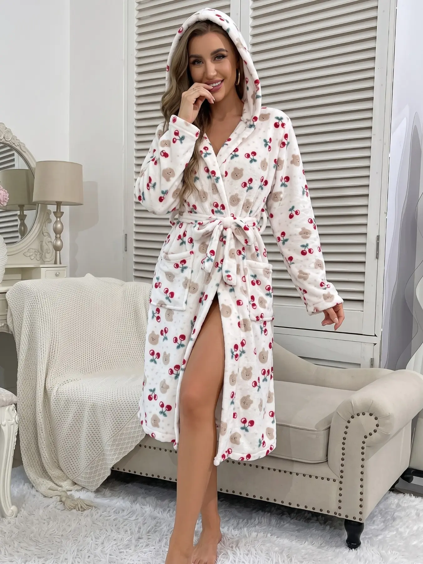 Women's White Hooded Fleece Robe with Allover Cartoon Bear & Red Cherry Print, Thick plush fabric, soft & skin-friendly, side pockets, matching waist tie, Warm long bathrobe for autumn winter, perfect for bedtime and vacation loungewear, Casual