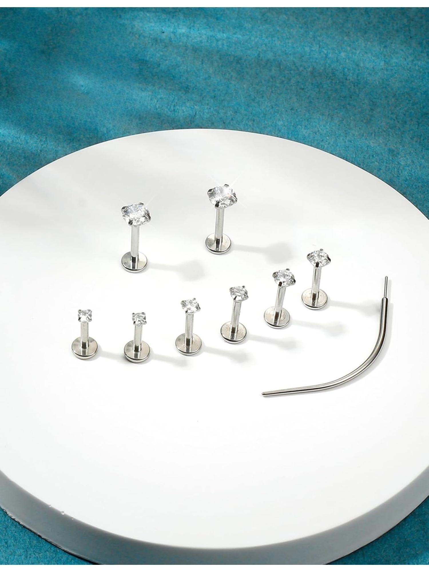 9 Pcs Threadless Nose Studs CZ Nose Rings for Women Men Surgical Steel Labret Studs Lip Rings Push in Flat Back Stud Earrings CZ Nose Nostril Tragus Helix Piercing Jewelry