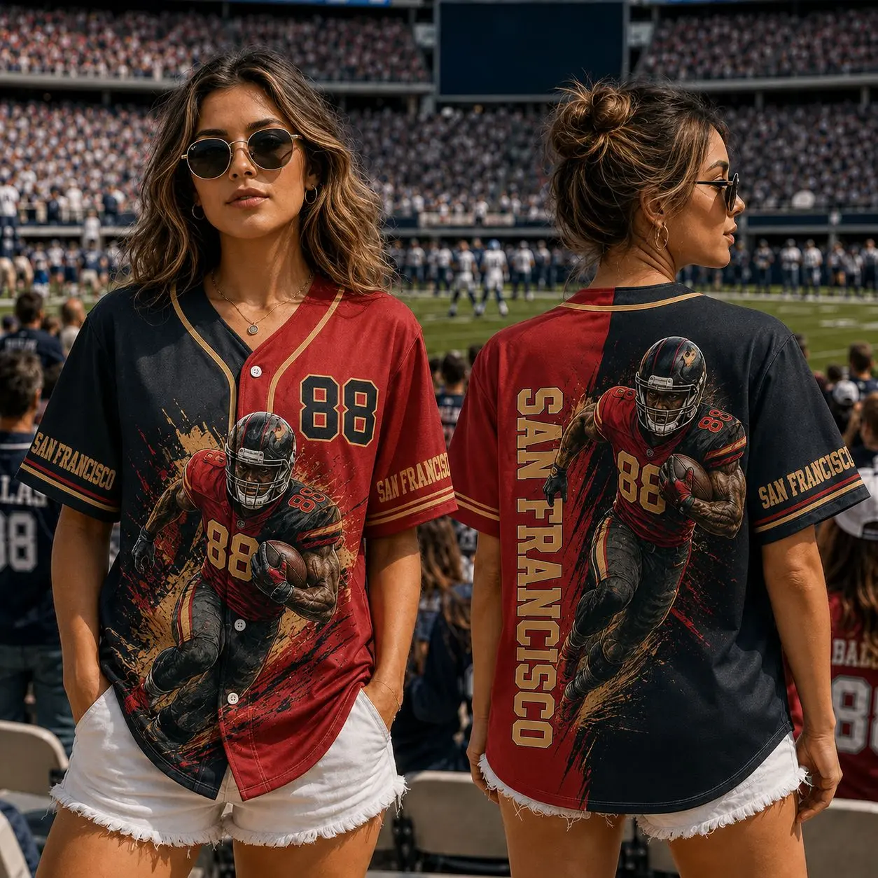Unisex Football Graphic Button-Up Jersey, Split-Color Short Sleeve Sports Shirt, Game Day Fan Outfit, Football Season Stadium Watch Party Tailgate Streetwear Top