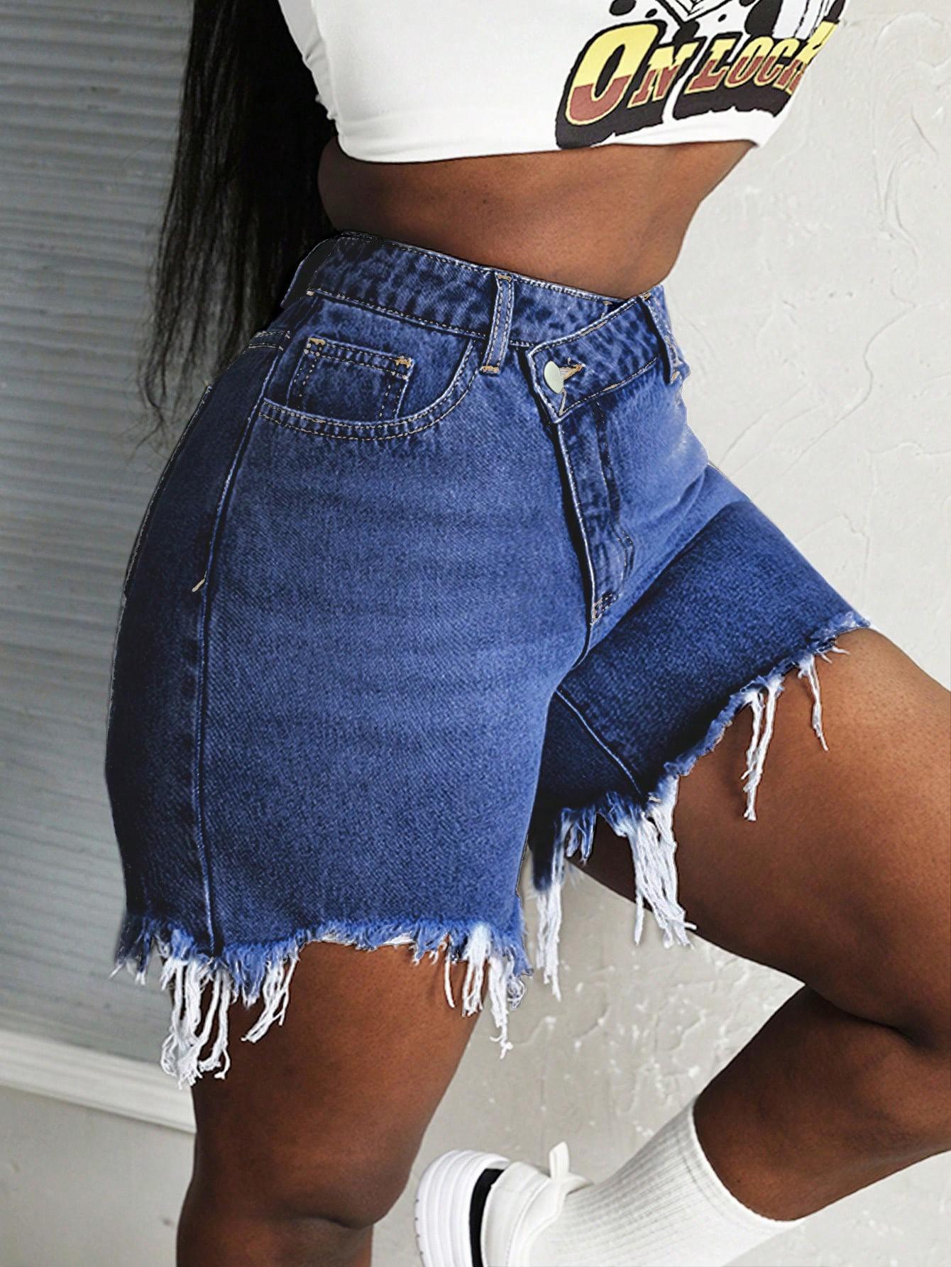 Casual Women's Fashion Denim Shorts Summer High Waisted Dressy Irregular Botton Short Flare Jeans Pants Blue Bottom Womenswear Streetwear Basic Minimalist