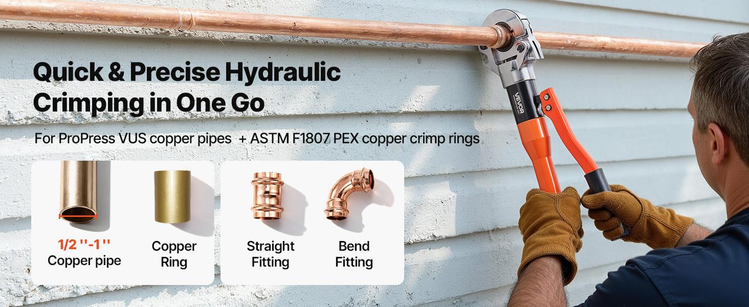 VEVOR Copper Pipe Crimping Tool, Hydraulic Driven Pro Press Tool with 1/2, 3/4, 1 Jaws for Copper Tube 3/8, 1/2, 5/8, 3/4, 1 Jaws for ASTM F1807 PEX Pipe Copper Ring - with Carrying Case