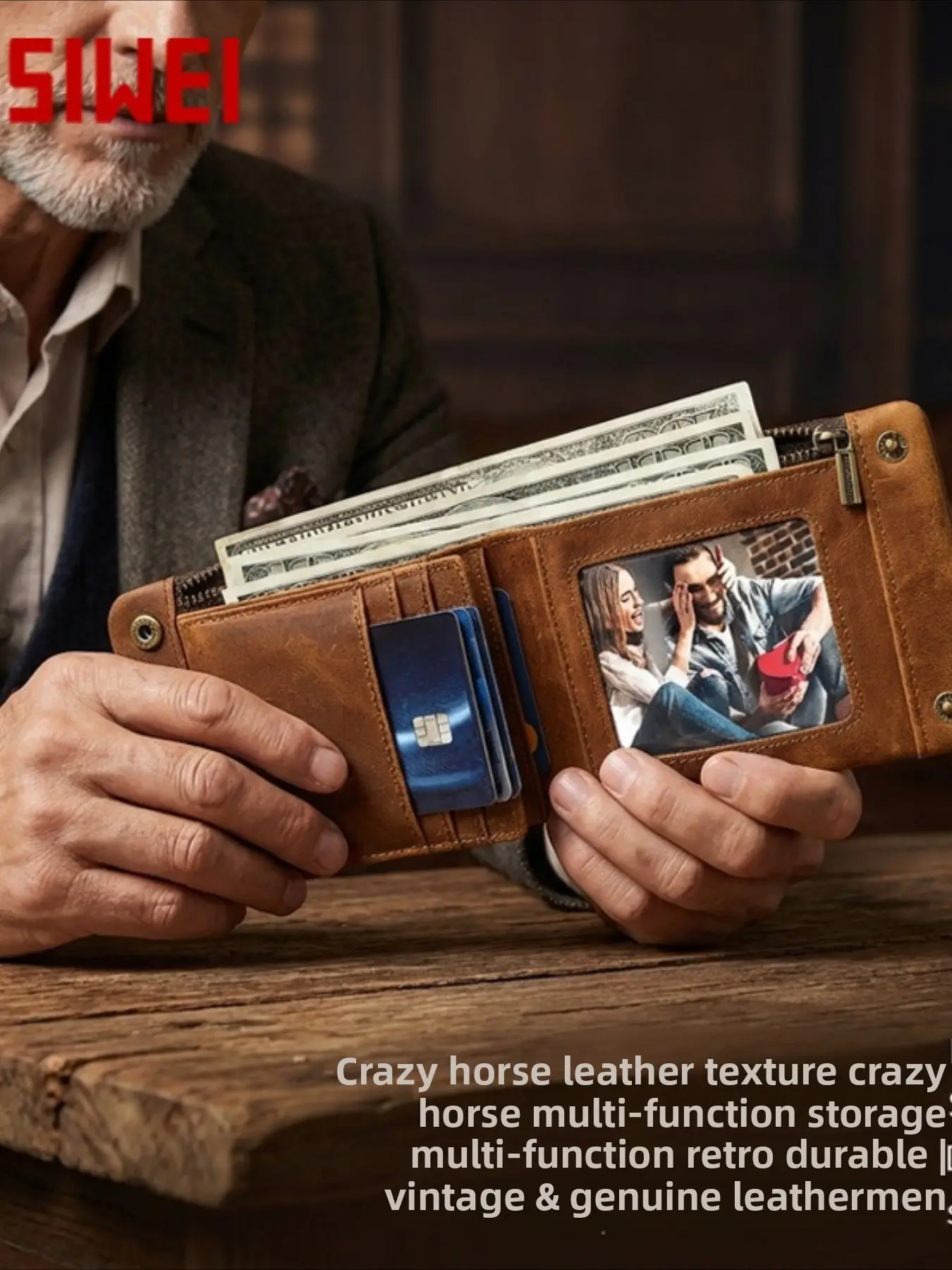 MASIWEI retro mad horse leather men's wallet, high-end short hidden button flap wallet, US dollar bill cowhide wallet