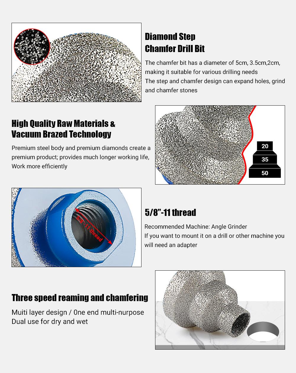 LOZLIN 20-35-50MM Diamond Step Chamfer Drill Bit - Hole Enlargement/Edge Trimming for Tile, Marble, Porcelain & Masonry - Angle Grinder Drill 5/8-11 Tool Accessories