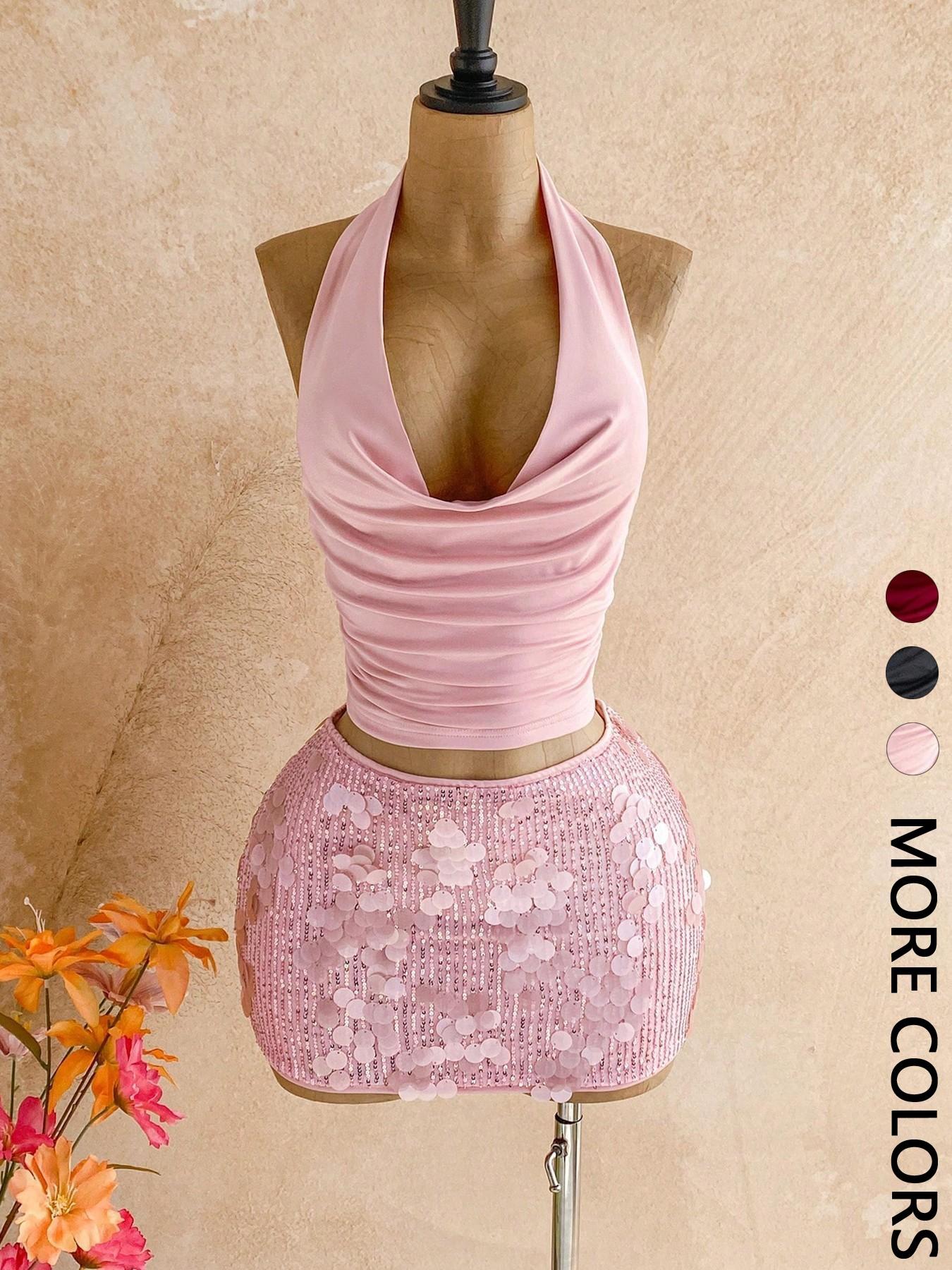 Elegant Party Set, Halter Neck Top & Sequin Rhinestone Mini Skirt, 2-Piece Ensemble for Special Occasions