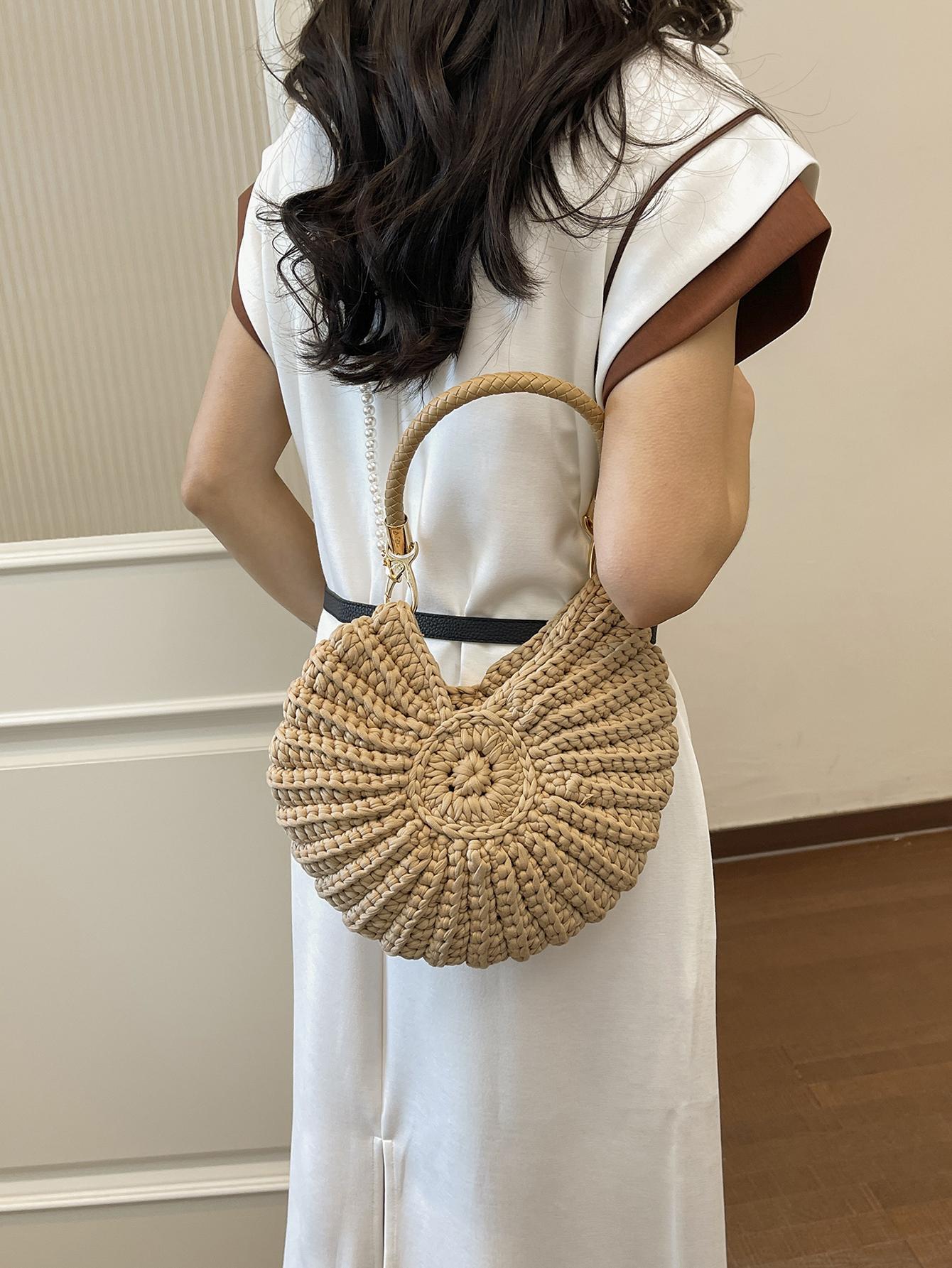 Seashell Pearl Chain Crossbody Bag, Beach Vacation Shoulder Bag, Handmade Crochet Boho Style, Summer Women's Backpack