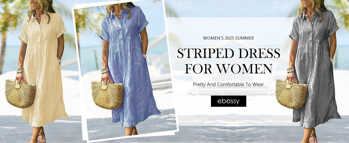 Chouyatou Women's Loose Midi Striped Shirt Dress Bohemian Side Slit Dress with Pockets SpringStatements