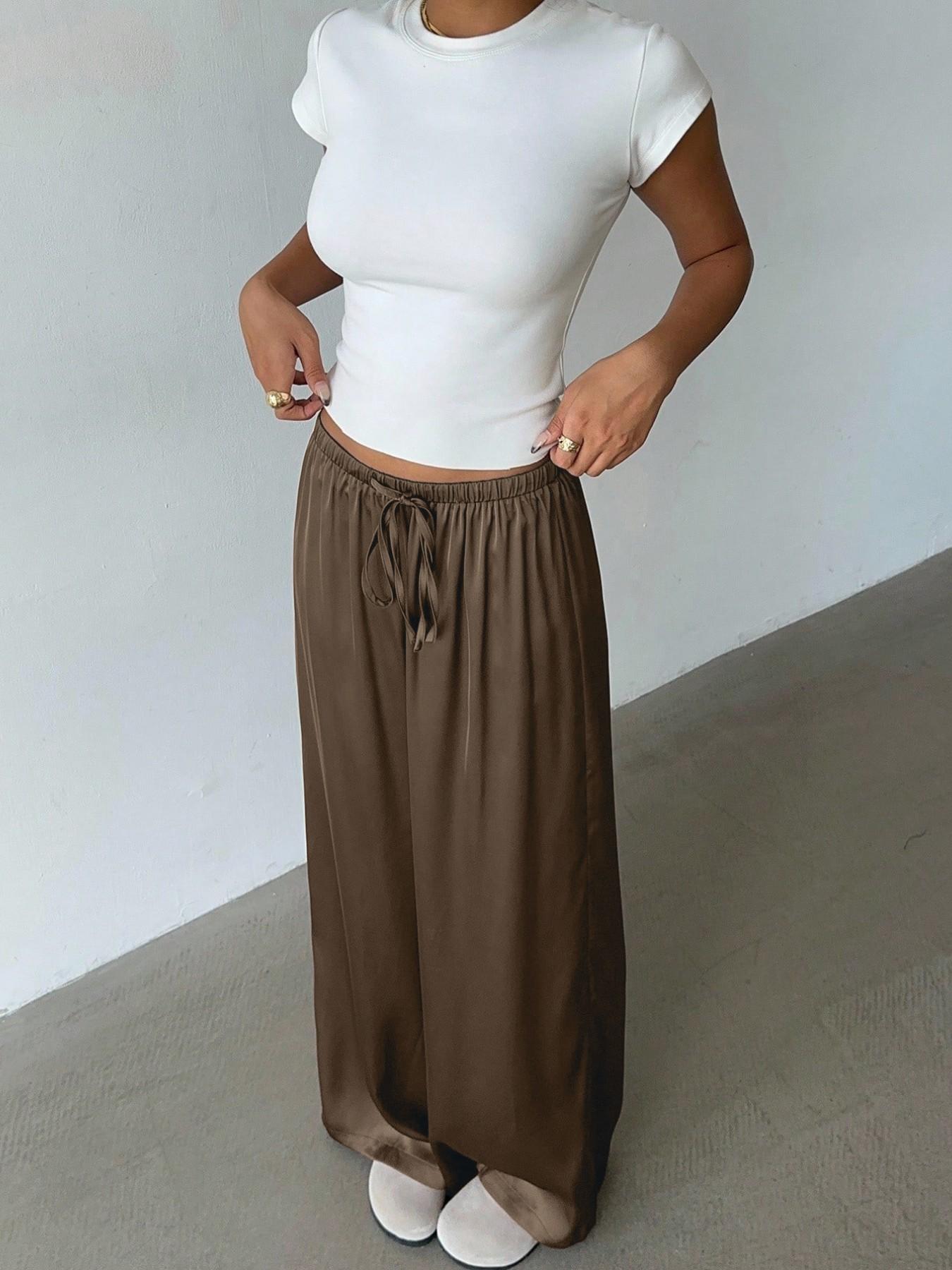 Women's Satin Casual Long Pants, Elastic Waist with Side Pockets, Wide Leg, Fashionable and Versatile, Perfect for Daily Wear, Travel, Vacation