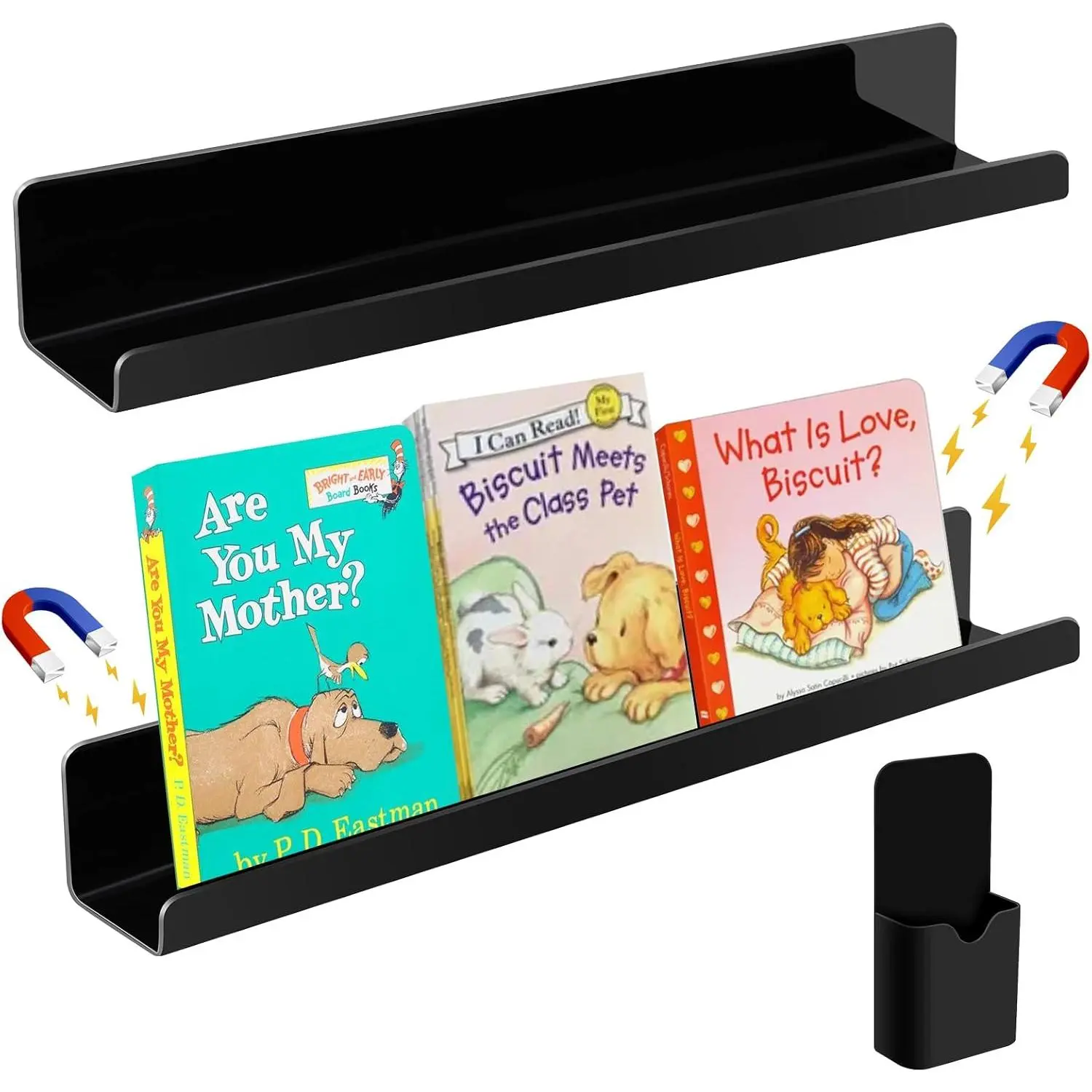 Black 2-Count Magnetic Mount Whiteboard Book Shelf, 17"x2.3" Book Display with Pen Container, Smooth Surfaces, Storage Holders for Classroom Users