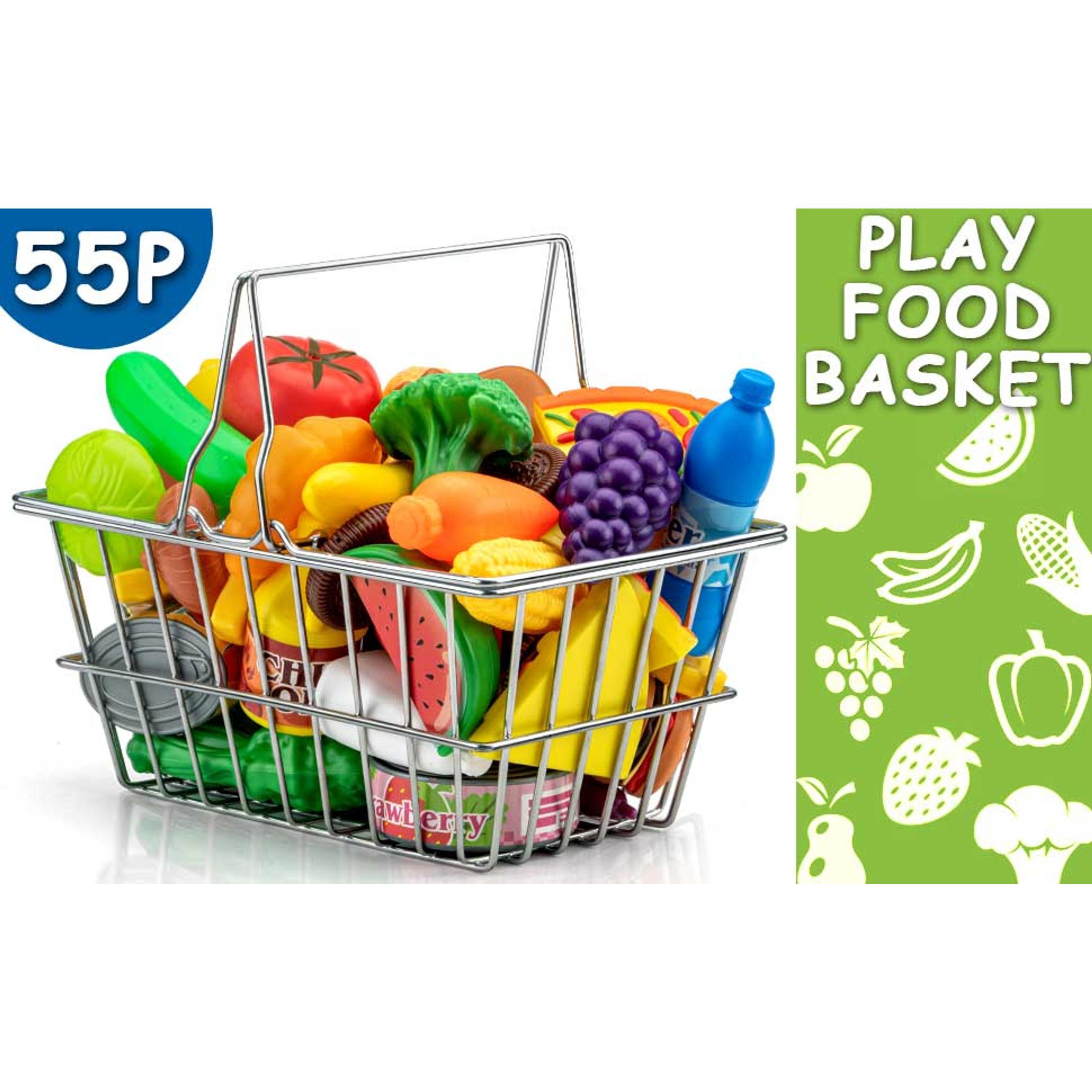 55 Pcs Grocery Store Pretend Play Food Set with Shopping Basket for Kids Toddlers 1-3 4-8, Kids Play Kitchen Accessories Plastic Fake Food Fruits and Vegetables Can Toy Gifts for Boys Girlsfidget toys