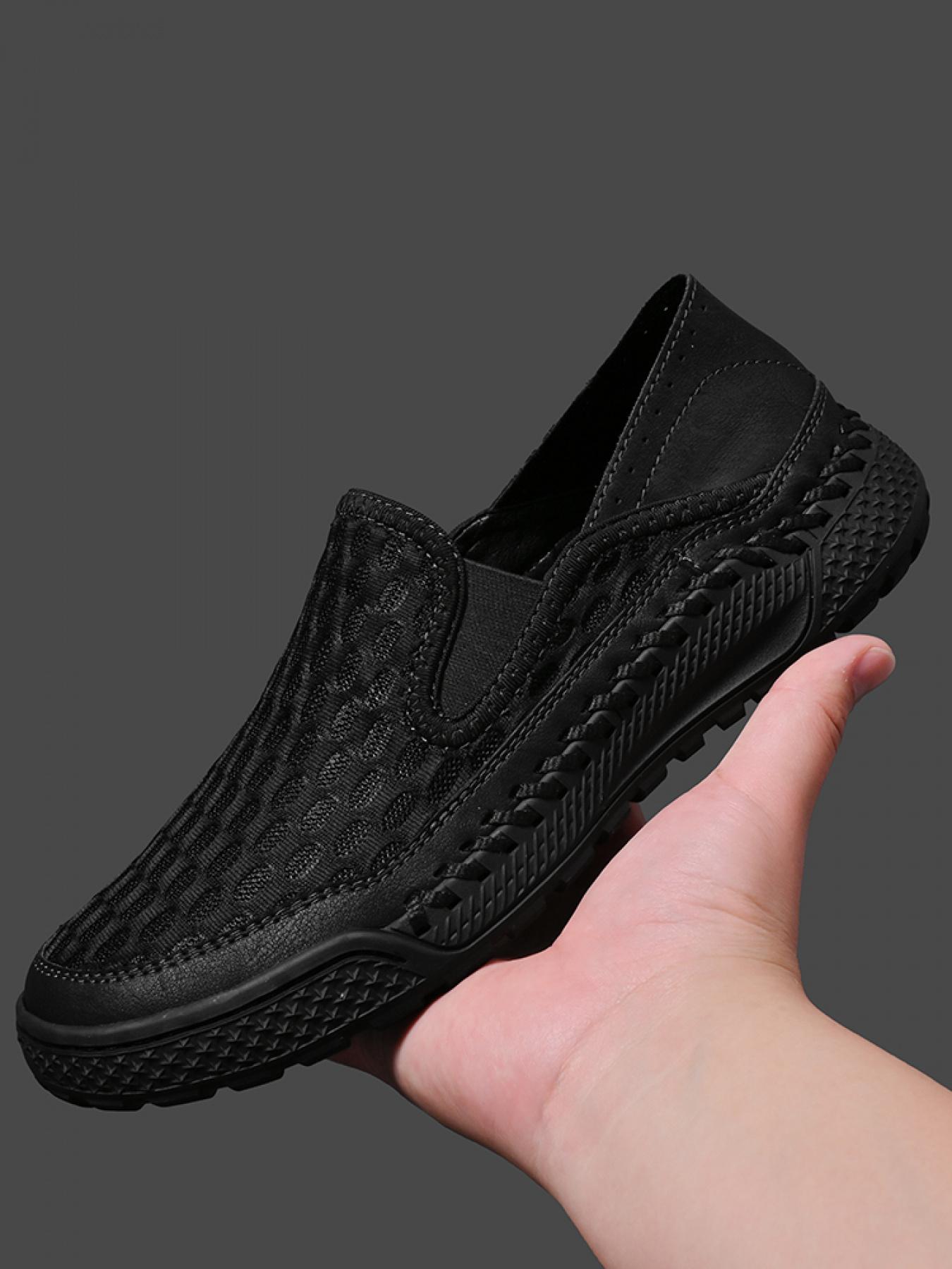 Men's Solid Color Mesh Breathable Slip-On Loafers, Soft Sole Anti-Slip Hand-Stitched Walking Shoes, Lightweight Casual Dad Shoes
