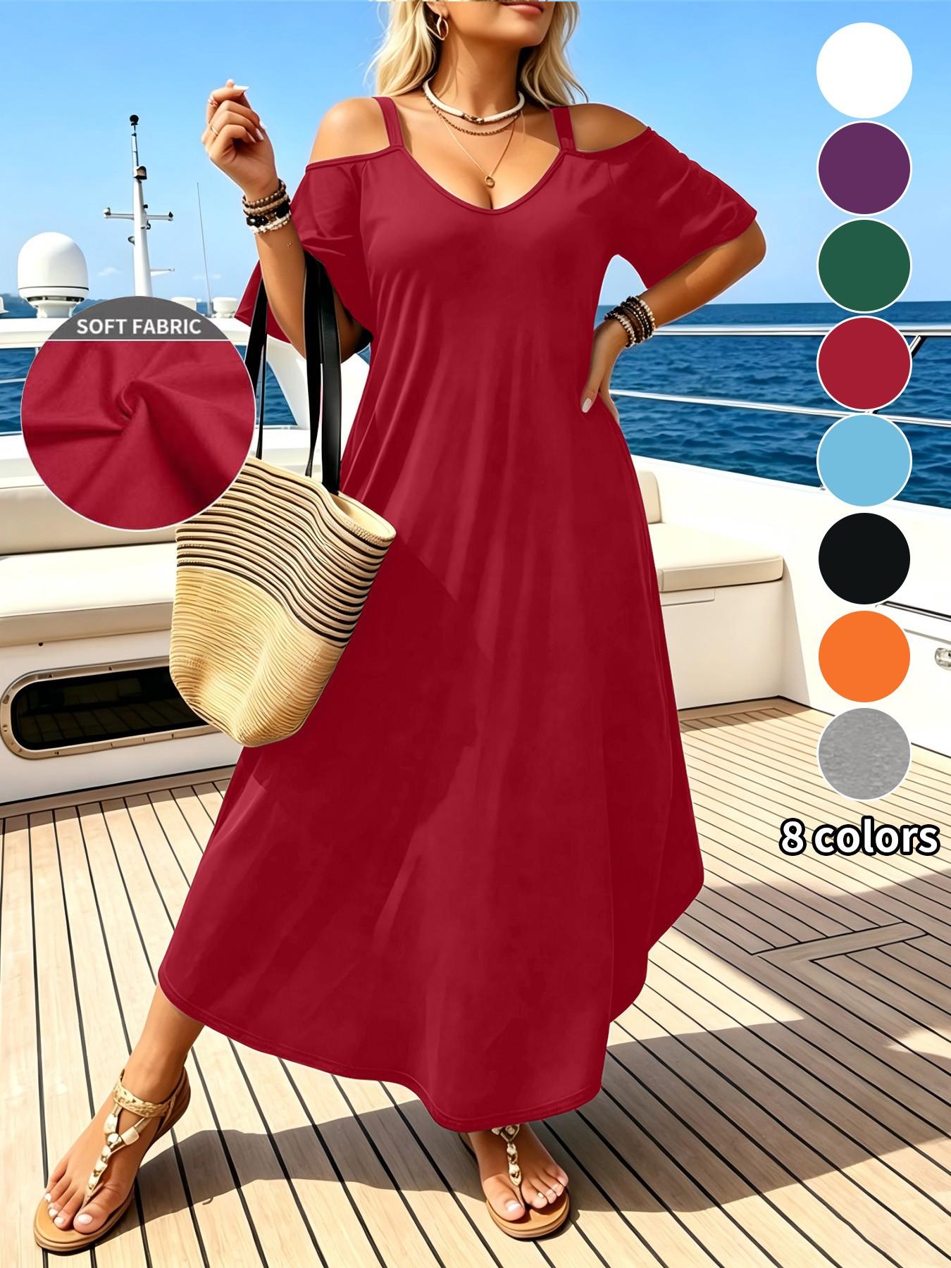 8 Color Options Plus Size Women's Summer Casual Chic Cold-Shoulder Short Sleeve A-Line Maxi Dress, Loose Fit V-Neck, Beach Vacation Essential, Casual Dresses