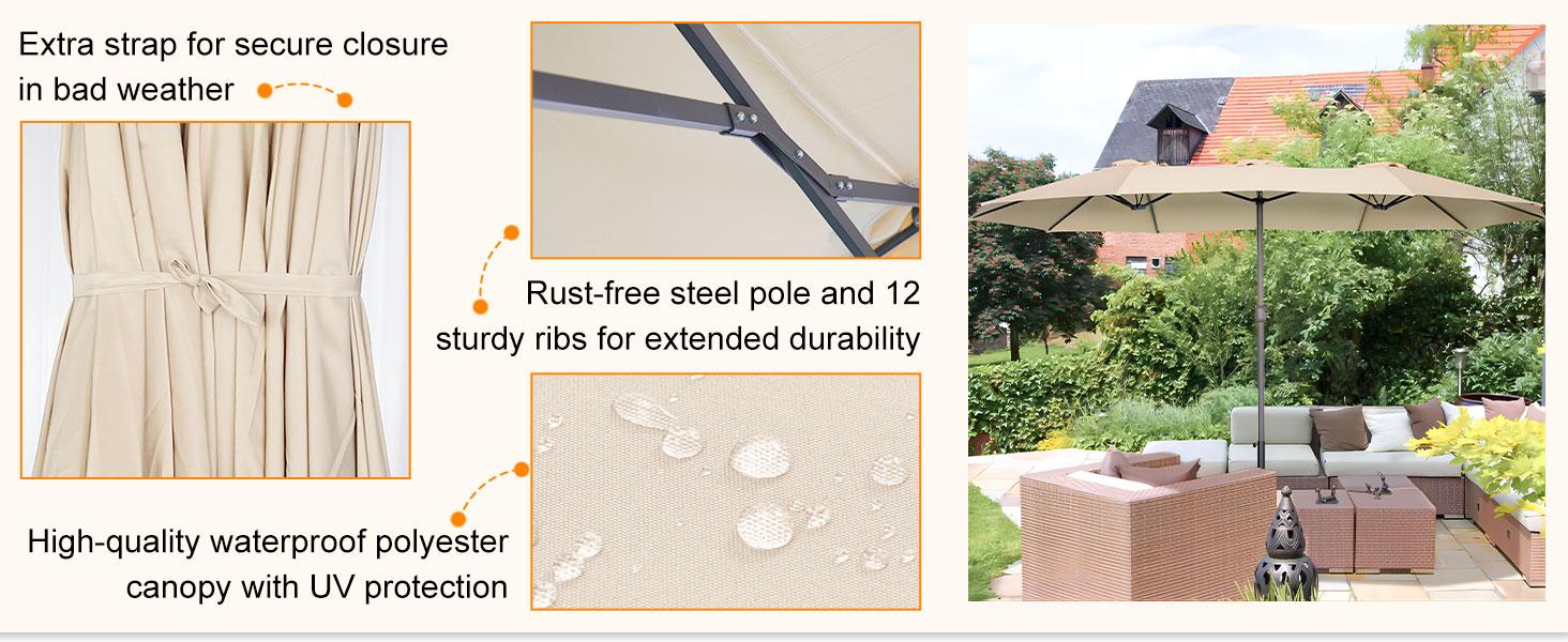 【No base】YODOLLA 15x9ft Double-Sided Patio Umbrella Outdoor Market Umbrella with Crank Air Vents for Patio(1.9" Pole, 5 Color) Base Not included Sunshade Canopy
