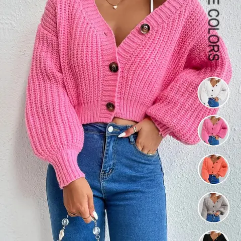 Women's Plain Bishop Sleeve Button Front Cardigan, Casual Long Sleeve V Neck Casual Elegant Knitwear for Fall & Winter, Fashion Women's Knit Clothing for Daily Wear, Casual Classy Top