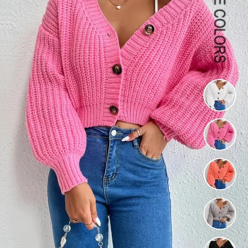 Women's Plain Bishop Sleeve Button Front Cardigan, Casual Long Sleeve V Neck Casual Elegant Knitwear for Fall & Winter, Fashion Women's Knit Clothing for Daily Wear, Casual Classy Top