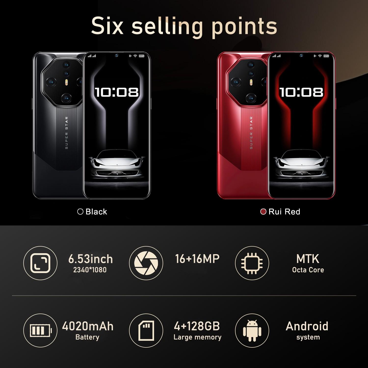 Fuffi Touchscreen Smartphone 6.53 Inches with 4+128GB Memory, Dual 16mp Cameras, 4020mah Battery, Android, Red&Black, Cellphone