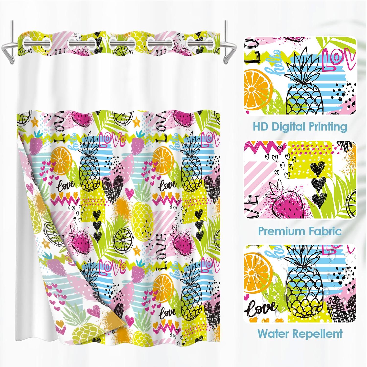 1PC double-layer large ring shower curtain, colorful fruit pattern background, shower curtain, high-end quick drying hanging curtain, bathroom, curtain, waterproof, anti mold curtain