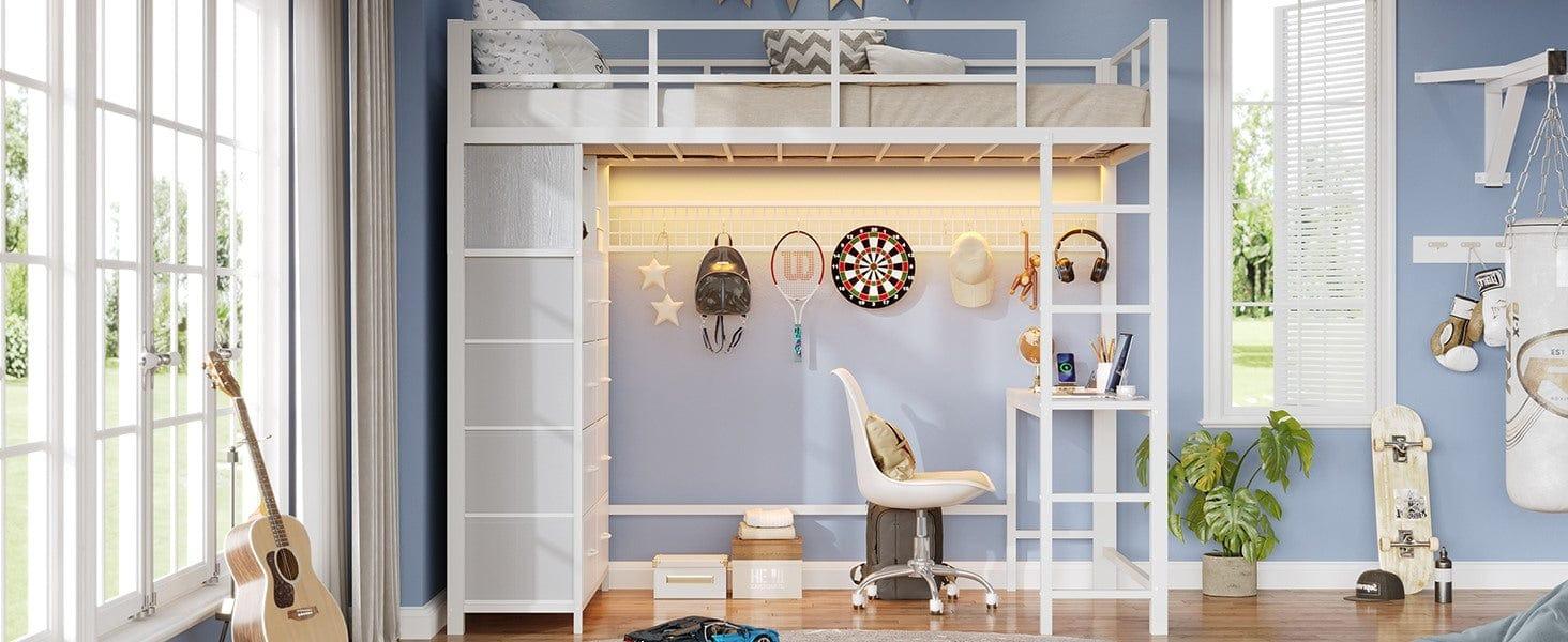 Sikaic Twin Size Loft Bed with Desk and 8 Storage Drawers Metal Loft Bed with LED Lights & Charging Sation, Storage Shelves, 13.1" H Safety Guard & Ladder Bedroom Bedframe Bedroom Furniture Sikaic Twin Size Loft Bed with Desk and 8 Storage Drawers Metal Loft Bed with LED Lights & Charging Sation, Storage Shelves, 13.1" H Safety Guard & Ladder Bedroom Bedframe Bedroom Furniture