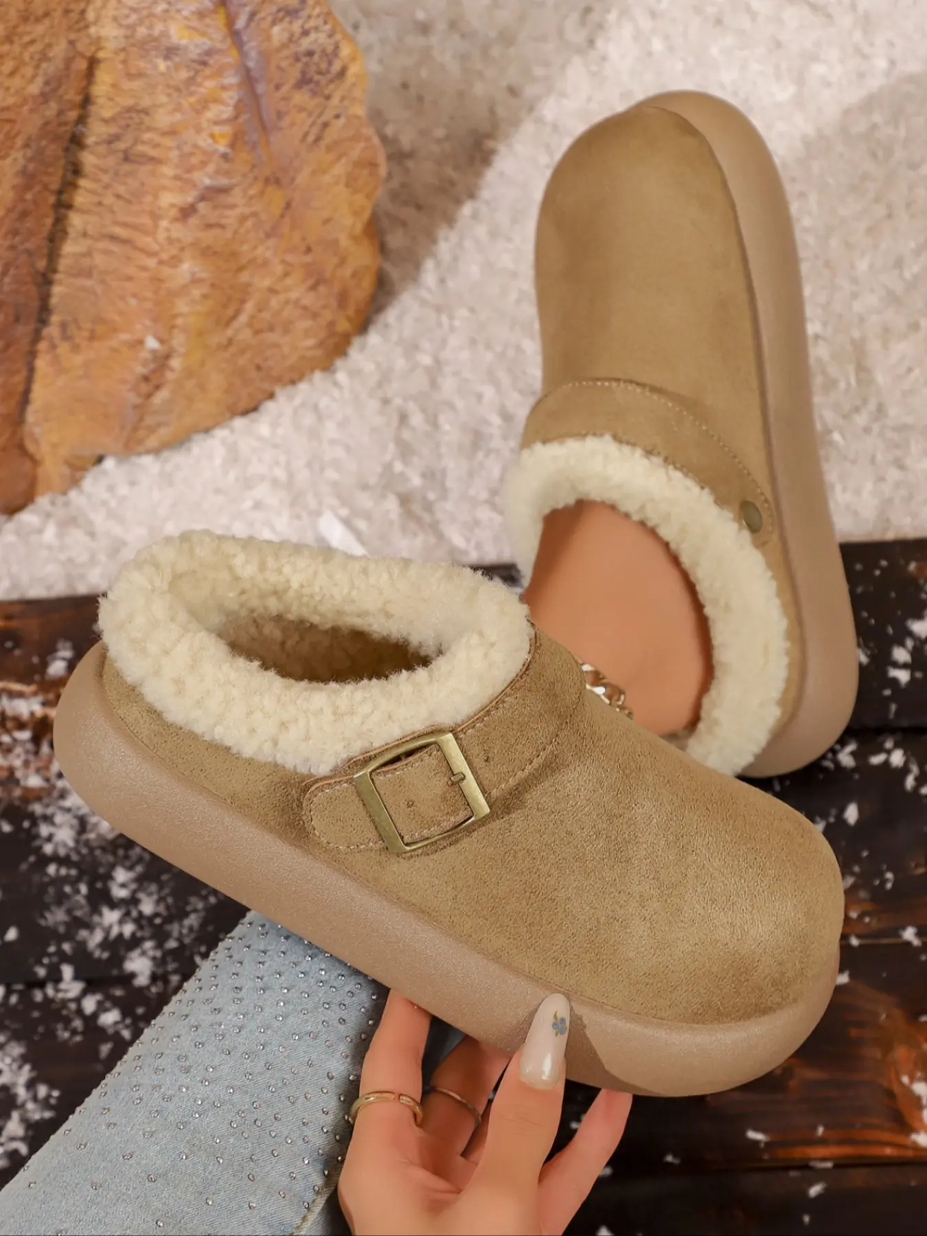 Women's Fleece Lined Platform Mule Clogs, Buckle Strap Suede Look Winter Slip‑On Slipper Boots, Thick Sole Warm Casual Shoes #WomenClogs #WinterShoes #PlatformSlippers