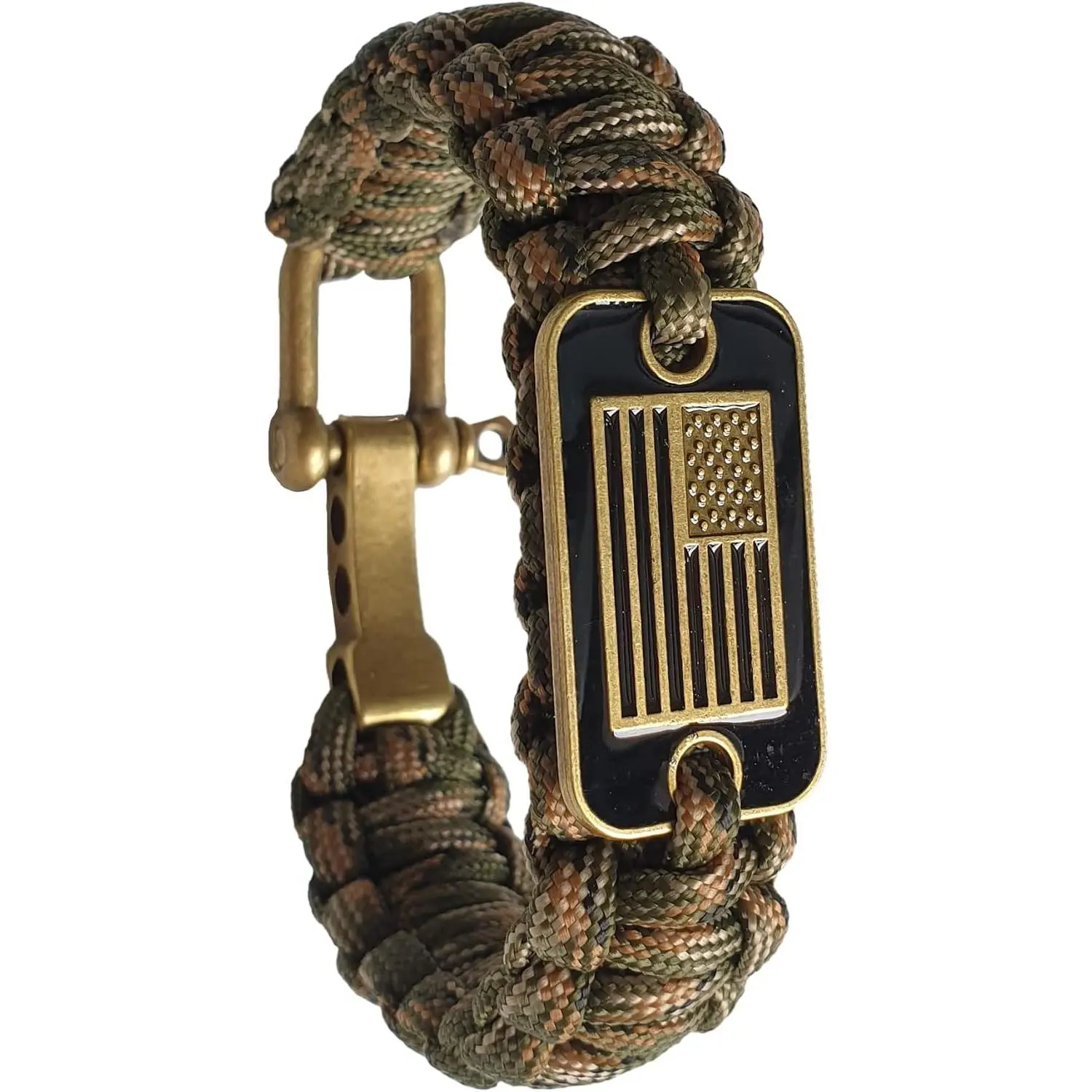 Men's Tactical Survival Paracord Bracelet with Bronze USA Flag - 3 Adjustable Sizes - Green CamoGift