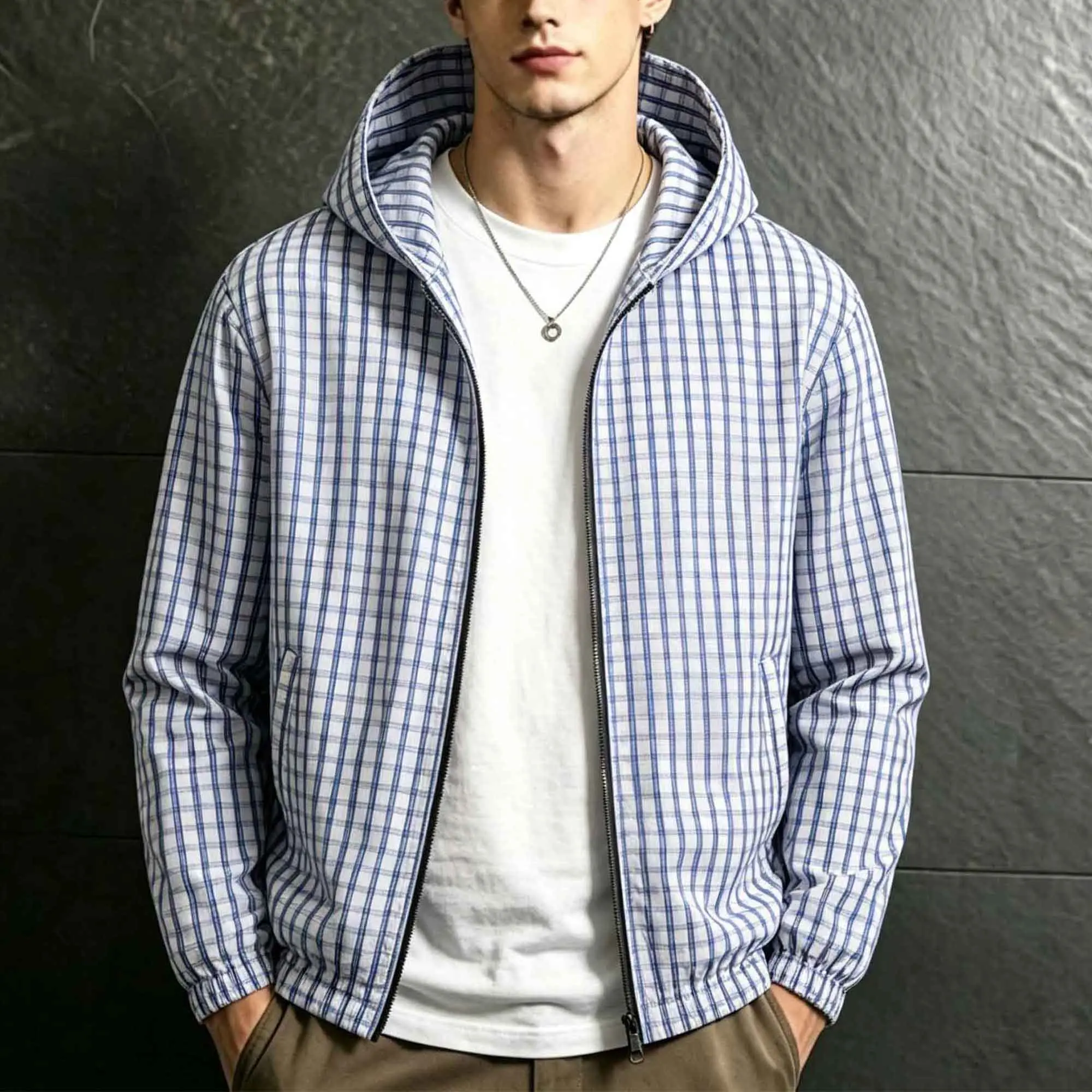 Men Black White Plaid Hooded Windbreaker Jacket, Full Zip Lightweight Checkered Casual Hoodie Coat for Spring Fall Daily Wear