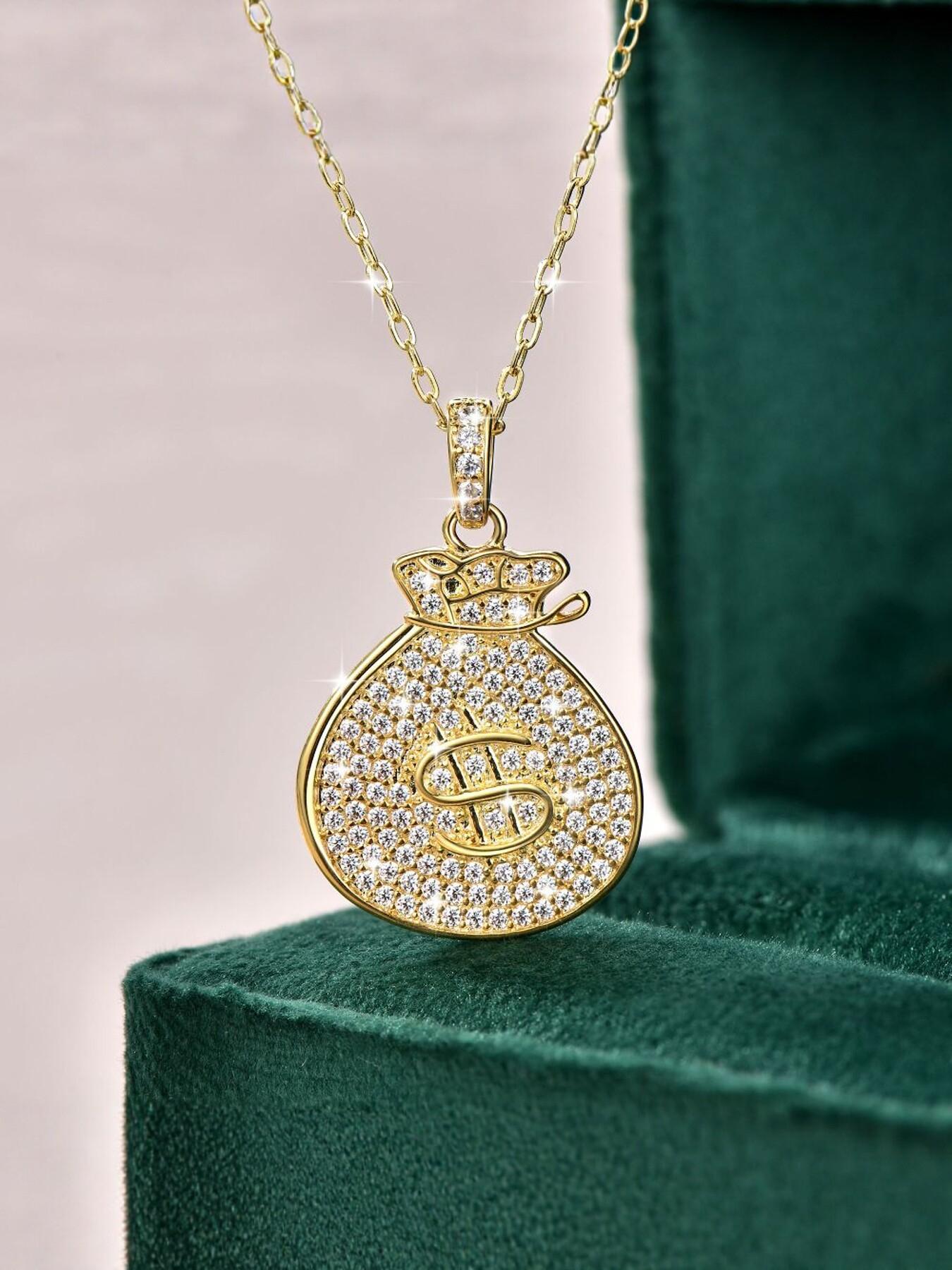Sparkling CZ Money Bag Pendant Necklace, Iced Out Dollar Sign Necklace, 14K Gold Plated Wealth Lucky Jewelry for Women Men, Hip Hop Everyday Wear Gift