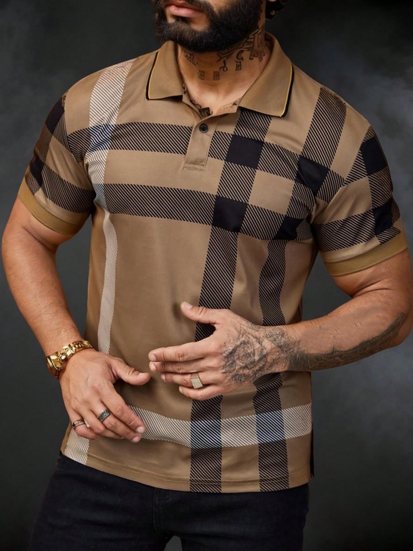 Vintage Plaid Polo Shirt Men Khaki Checkered Short Sleeve Tees Old Money Aesthetic Classic Casual Streetwear Muscle Fit Summer Daily Date Night Outfits