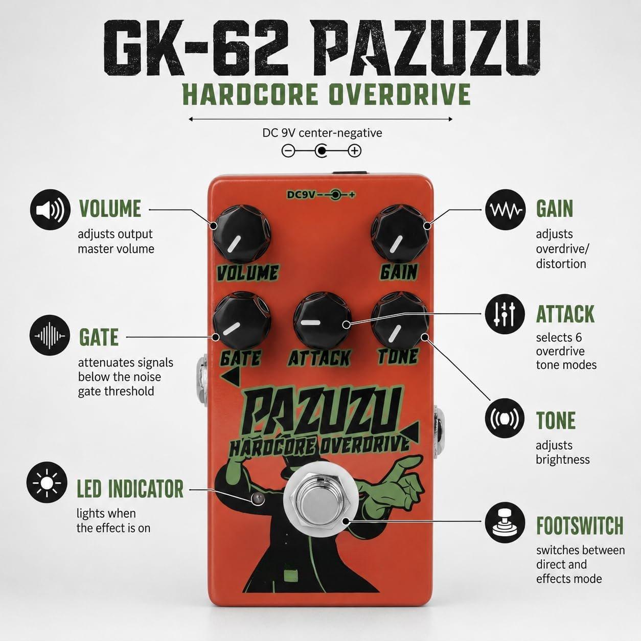 PAZUZU OVERDRIVE GK-62 - Multi-Tone Overdrive Pedal with Noise Gate, 6 Classic Overdrive Modes, Adjustable Attack & Tone Controls -  for Guitarists Seeking Versatile Overdrive