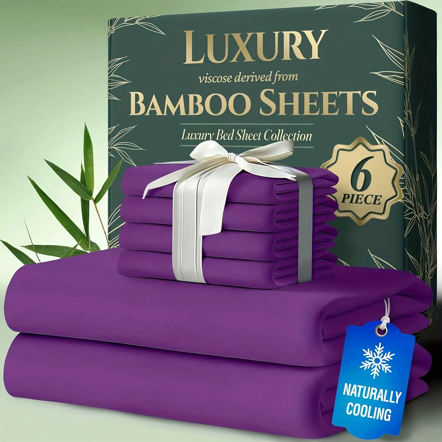 6pcs Cooling Bamboo Bed Sheets Set - Ultra Soft, Luxuriously Cool in Summer, 17" Deep Pocket, Double Stitching - Cooling Fiber Sheets