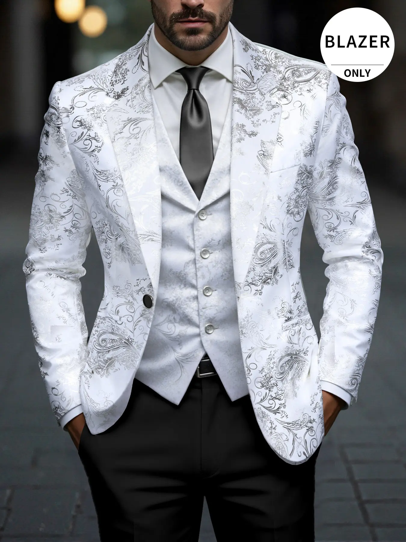 Men's One-Buckle Suit Jacket (only Top), Luxurious Silver Color Paisley Floral Blazer, Evening Outerwear for Weddings, Parties, Graduation Dances