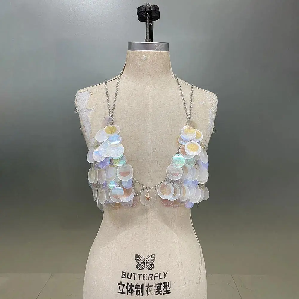 Handmade Gradient Natural Mica Shell Hollowed Out Iron Chain Triangle Cup Body Chain Jewelry Music Festival