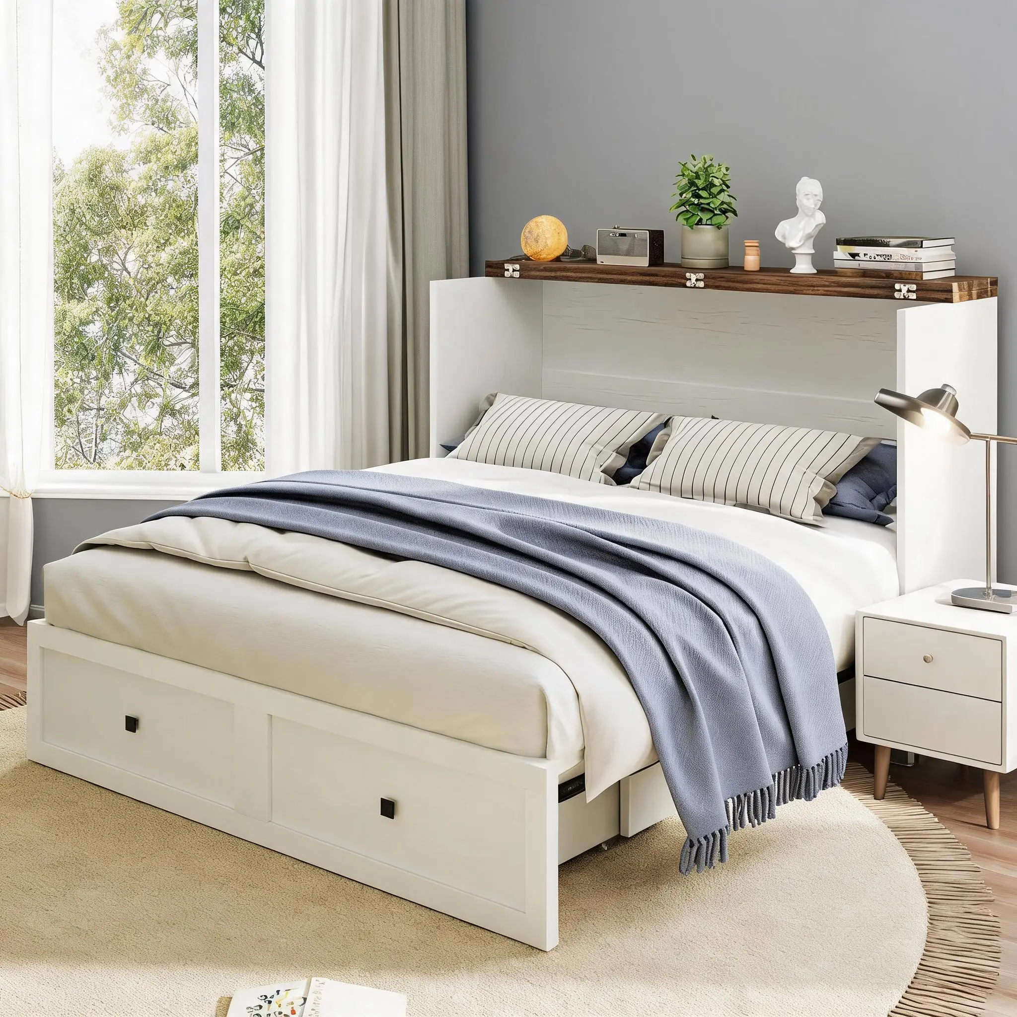 Heavy Duty Murphy Bed Cabinet with Charging Station – Full Size Fold-Down Storage Bed – 900lbs Capacity – Ideal for Bedroom, Living Room, Office – White Finish