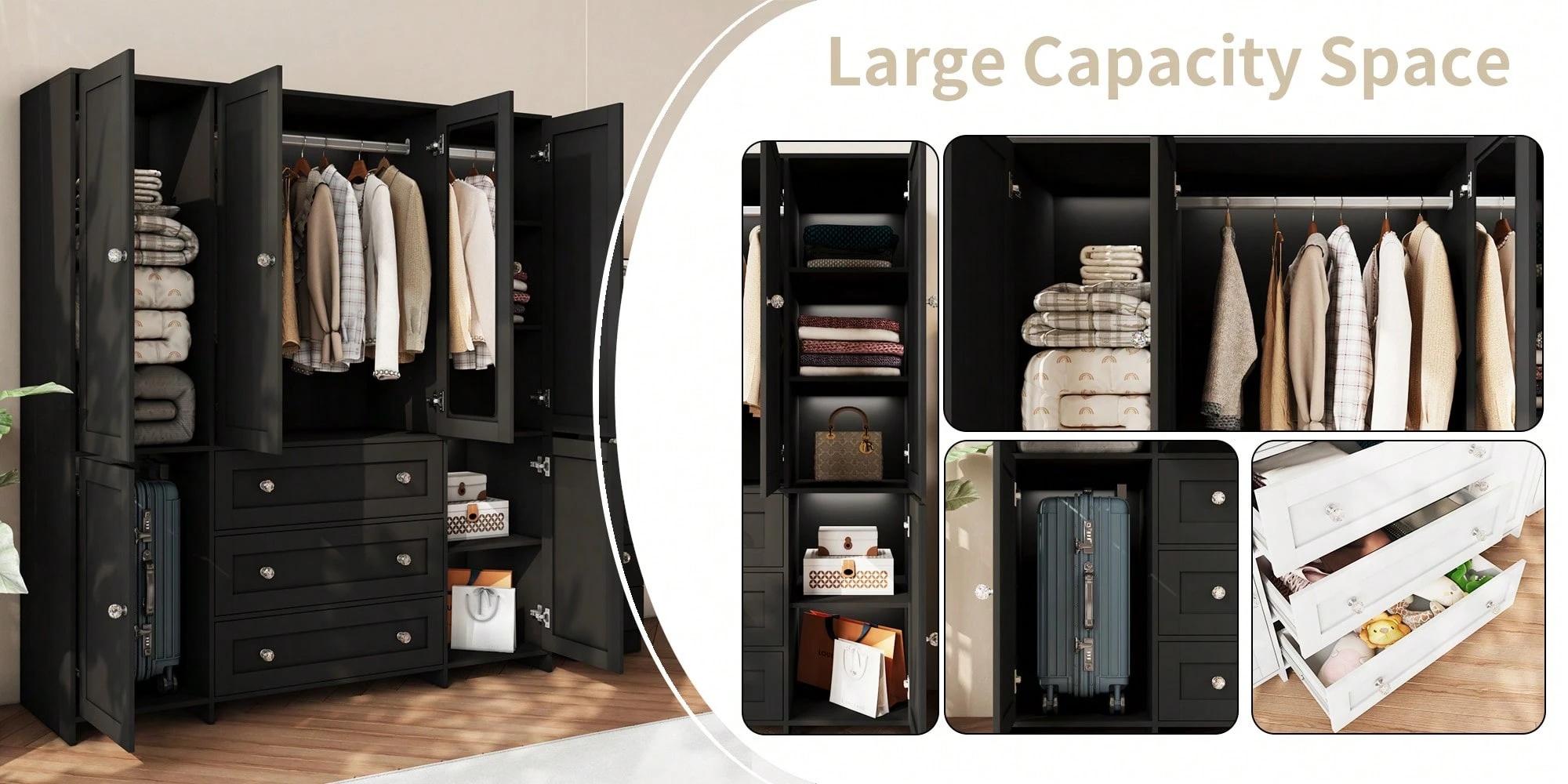 71" Large Wardrobe Closet With Mirror, Freestanding Bedroom Armoire With 3/6 Large Drawers & 2/4 Doors, Clothes Storage Organizer Cabinet For Bedroom