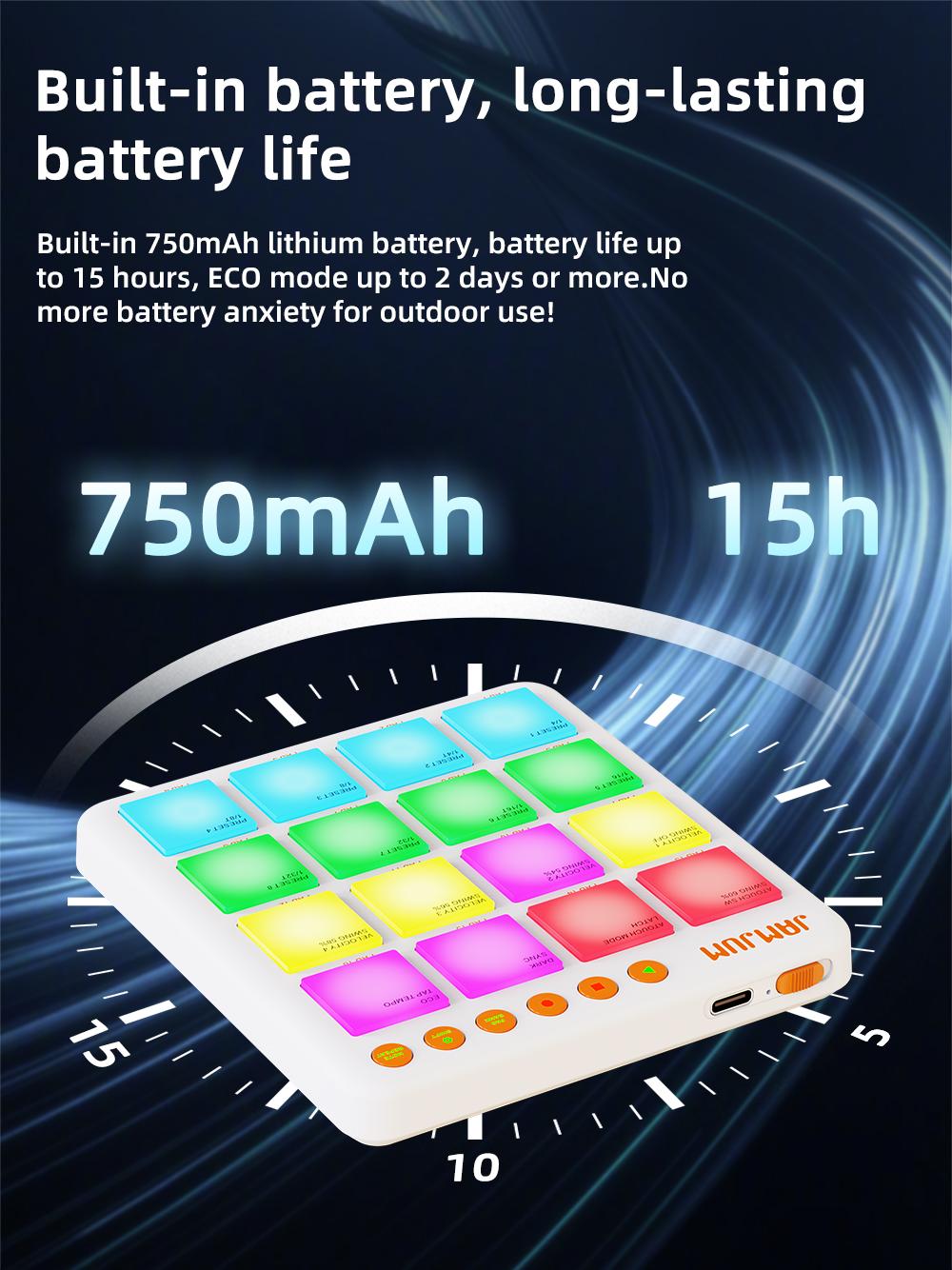 JAMJUM JP-Mini Midi Drum Pad with RGB Backlight, Pocket Size Rechargeable Controller Pad, Percussion Instrument, Drum Practice Pad, APP Compatible, Ideal for Beginners