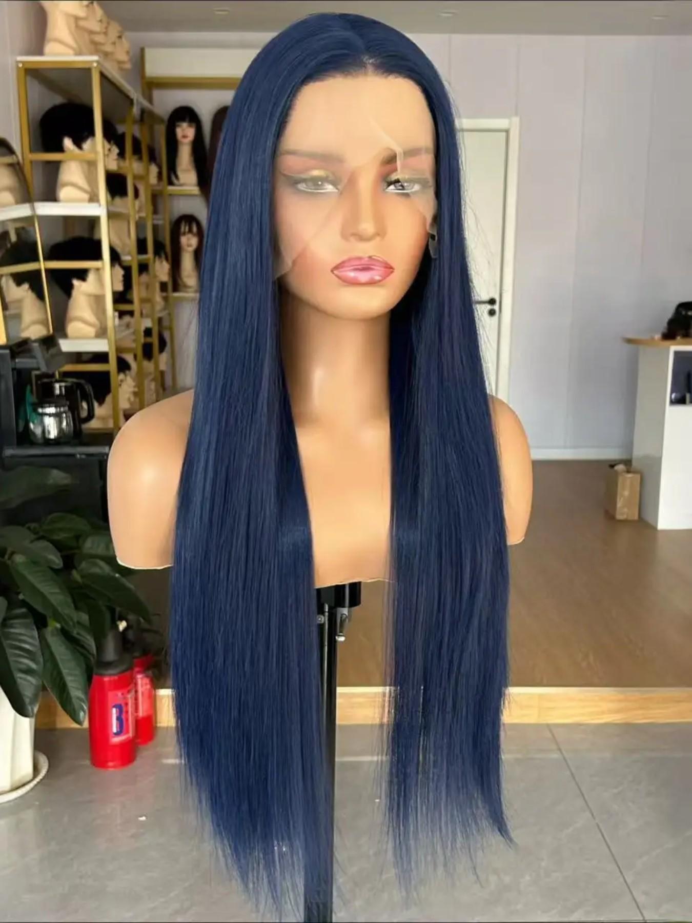 28-Inch Deep Blue Straight Wig for Women, Soft Lace Front, 180% Density, Pre-Plucked, No Glue, Heat Resistant, Daily Use