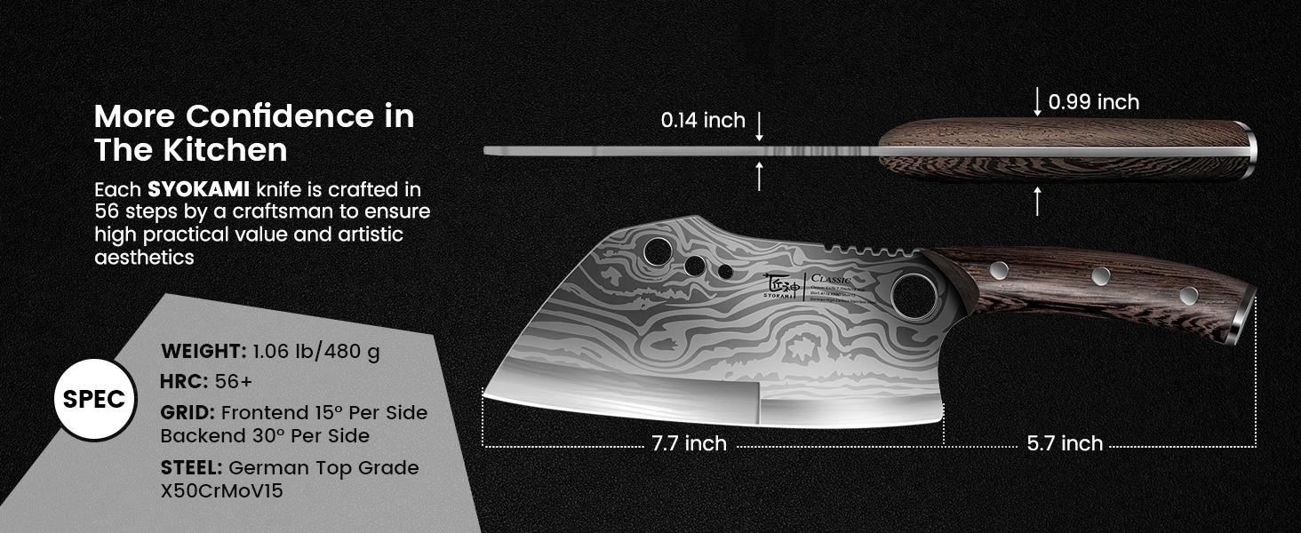 【TikTokShopSpringGlowUp】SYOKAMI Meat Cleaver Chef Knife with Sheath, 7.7 Inch Multifunction Butcher Knife with Herb Stripper, Chopping Knife Heavy Duty Bone Cutting, Damascus Pattern Full Tang Wood Handle, Christmas, Mother's Day Gifts