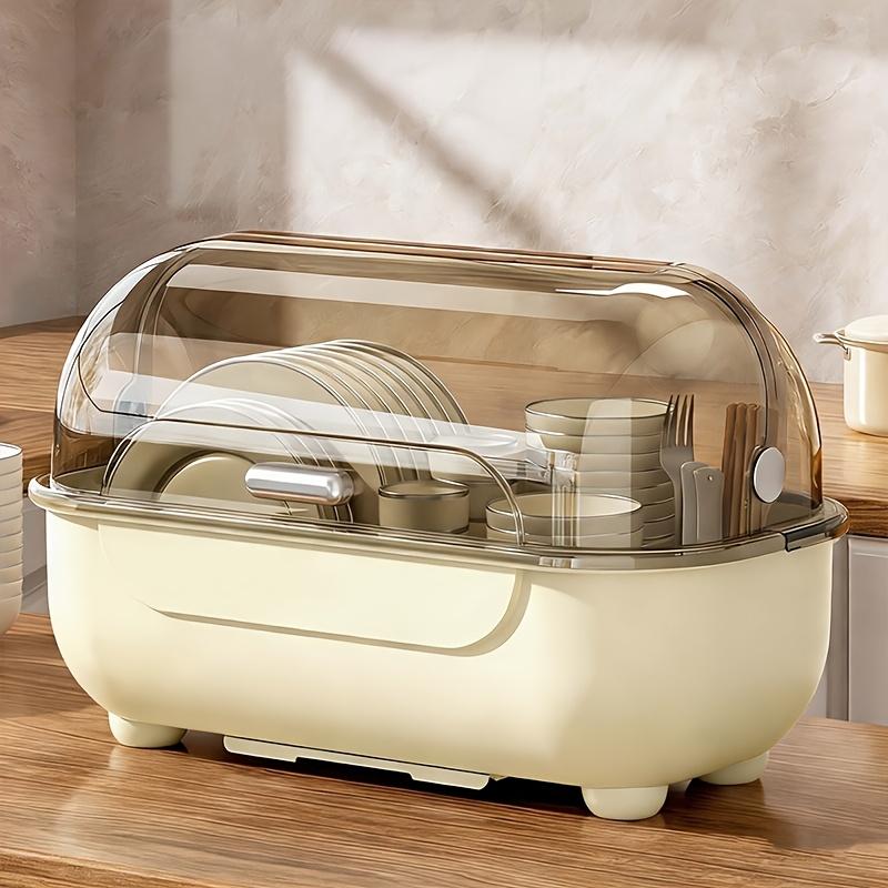 1 Piece Covered Drawer-Style Dish Rack with Water Draining Base. Multifunctional Dustproof Tableware Storage Cabinet, no standing water. Works on countertops and inside cabinets, perfect for kitchen bowl and plate storage.