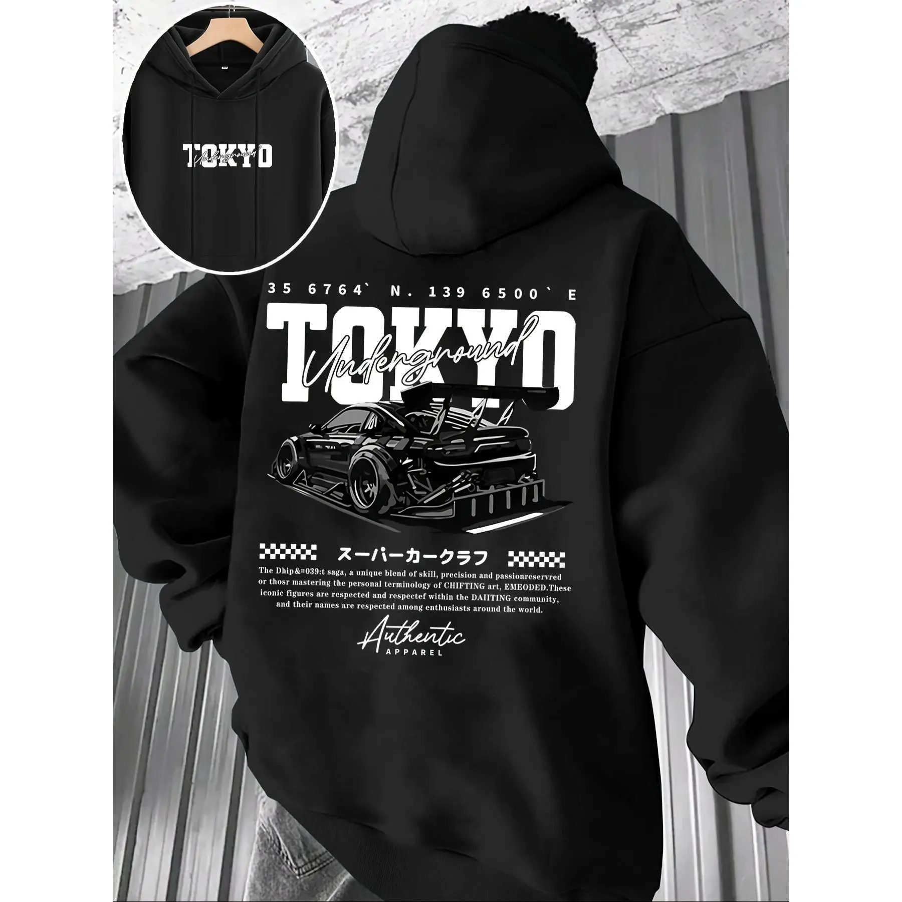 Men Hooded Sweatshirt Tokyo Sports Car Print Autumn Winter Casual Pullover Warm Comfy Top Gift for Family Friends Daily Wear Outdoor Activities Fall Winter Seasons