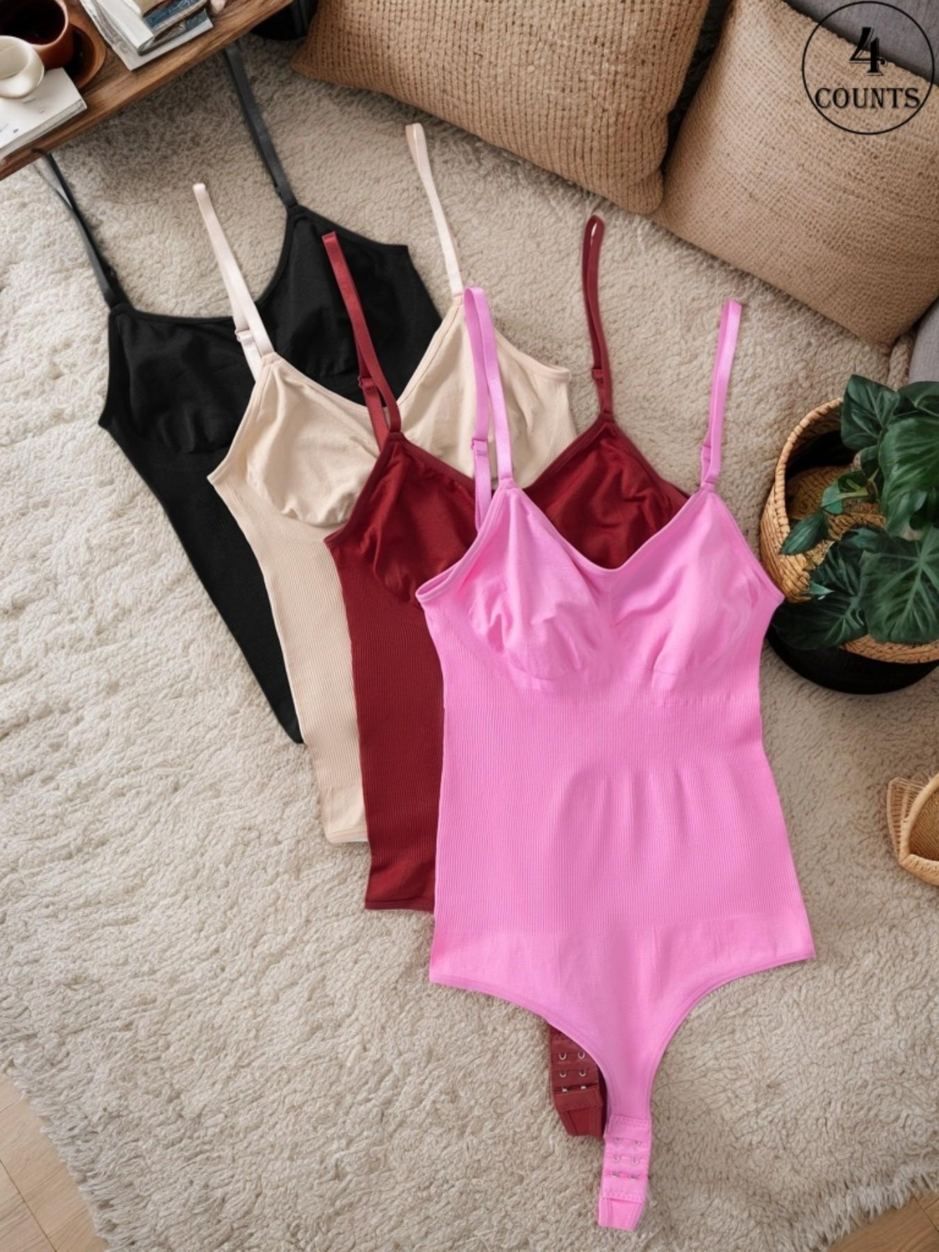 4-Piece Women's Ribbed V-Neck Bodysuit with (Sizes S-XXL) – Adjustable Thin Straps & Multi-Row Back Closure – Black/Wine Red/Brown/Apricot/Green/Blue/Pink – Suitable for Daily Wear, Commute & Layering