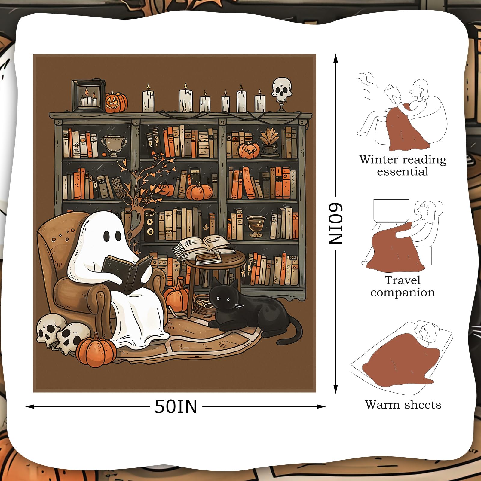 Clearance Sale Halloween Cute Ghost Throw Blanket with Bookshef Design Soft Cozy Blanket for Fall Reading Nook Autumn Winter Decor for Couch Sofa Bedroom Office Home Spooky Blanket Boo Basket Gift for Women Men Wife Book Lovers Outdoor Halloween Decor