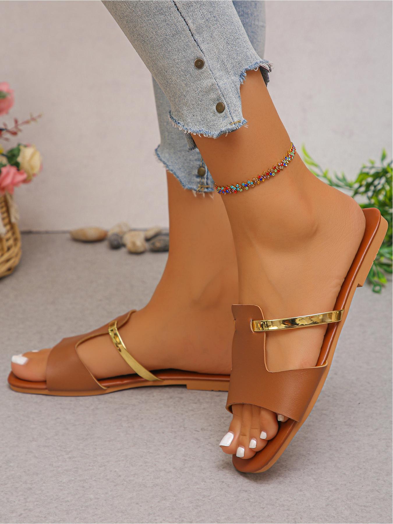 2026 Summer New Retro Metal Buckle Strap Flat Sandals, Multi - color Splicing Square - toe Open - toe Women's Slides, Versatile for Daily Commute/Shopping/Vacation & Leg - lengthening