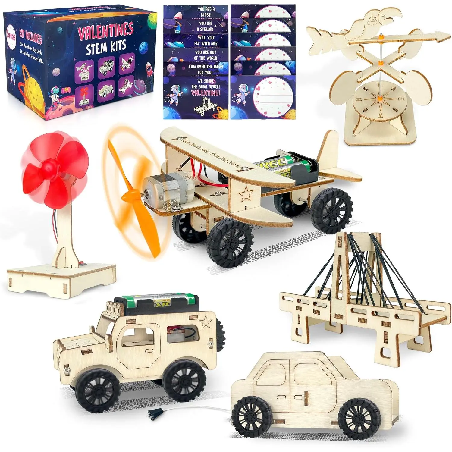 Valentines Day Cards for  Classroom, 24 Pack Valentines  with Stem Kits, Valentine's Party Favors Toys for Boys Girls and Valentine School Exchange Gifts Greeting Cards
