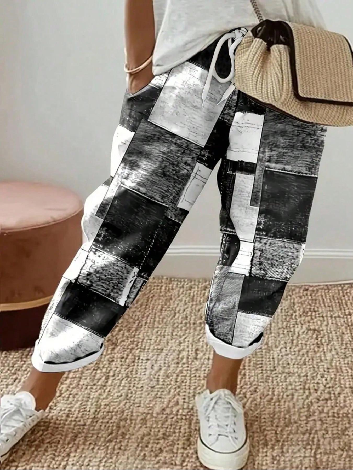 【Plus Size】 Colorblock Patchwork Print Drawstring Waist Pants, Casual Fashion Comfy Pocket Trousers for Daily Wear, Women's Bottoms for Summer