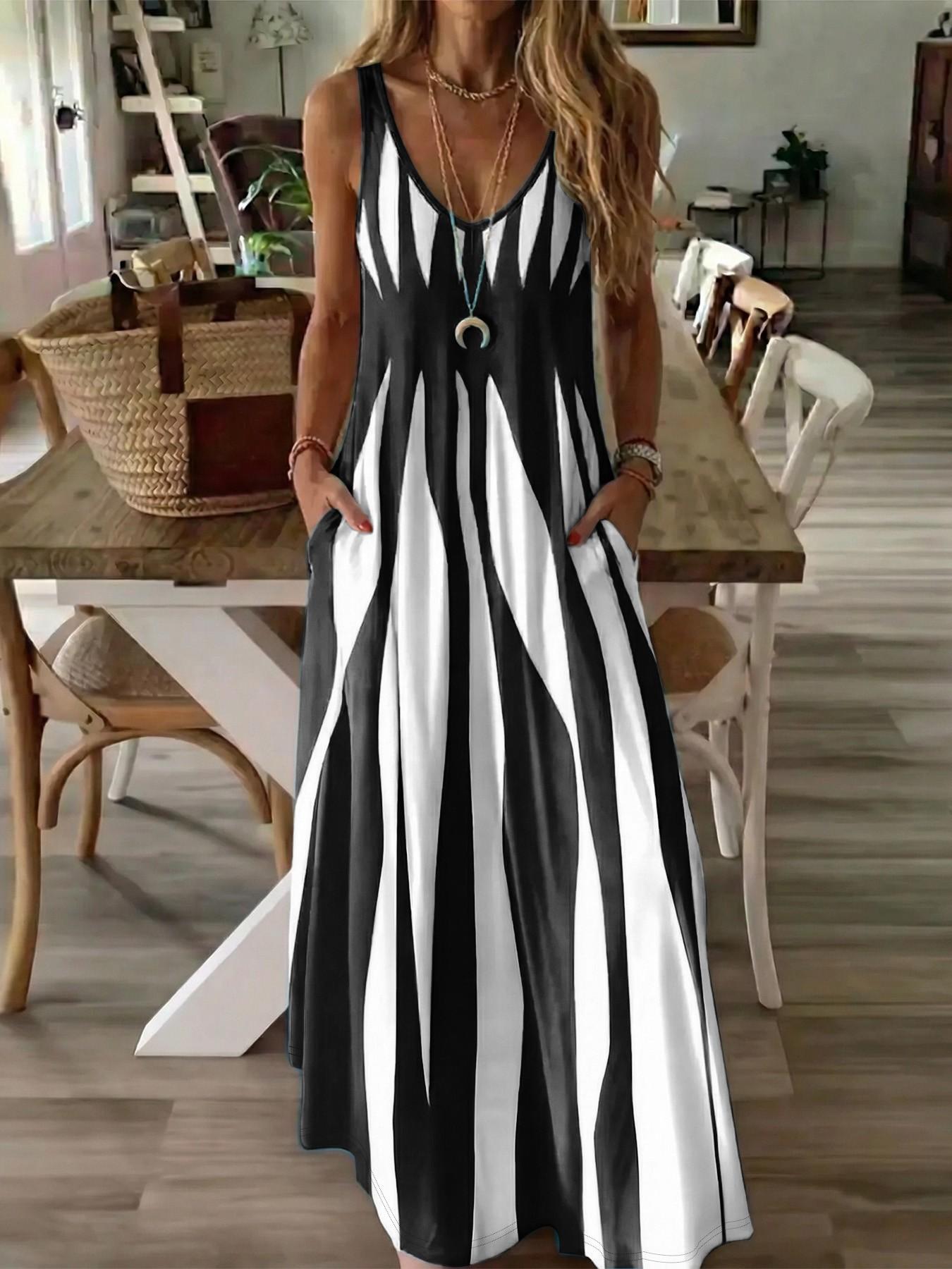 Women's Casual Boho Chic Slip Dress, Boho Style Dresses, Summer Dress, Color Block Print, V-Neck Sleeveless Long Dress, Boho Summer Clothes, Stylish and Comfortable for Daily Wear