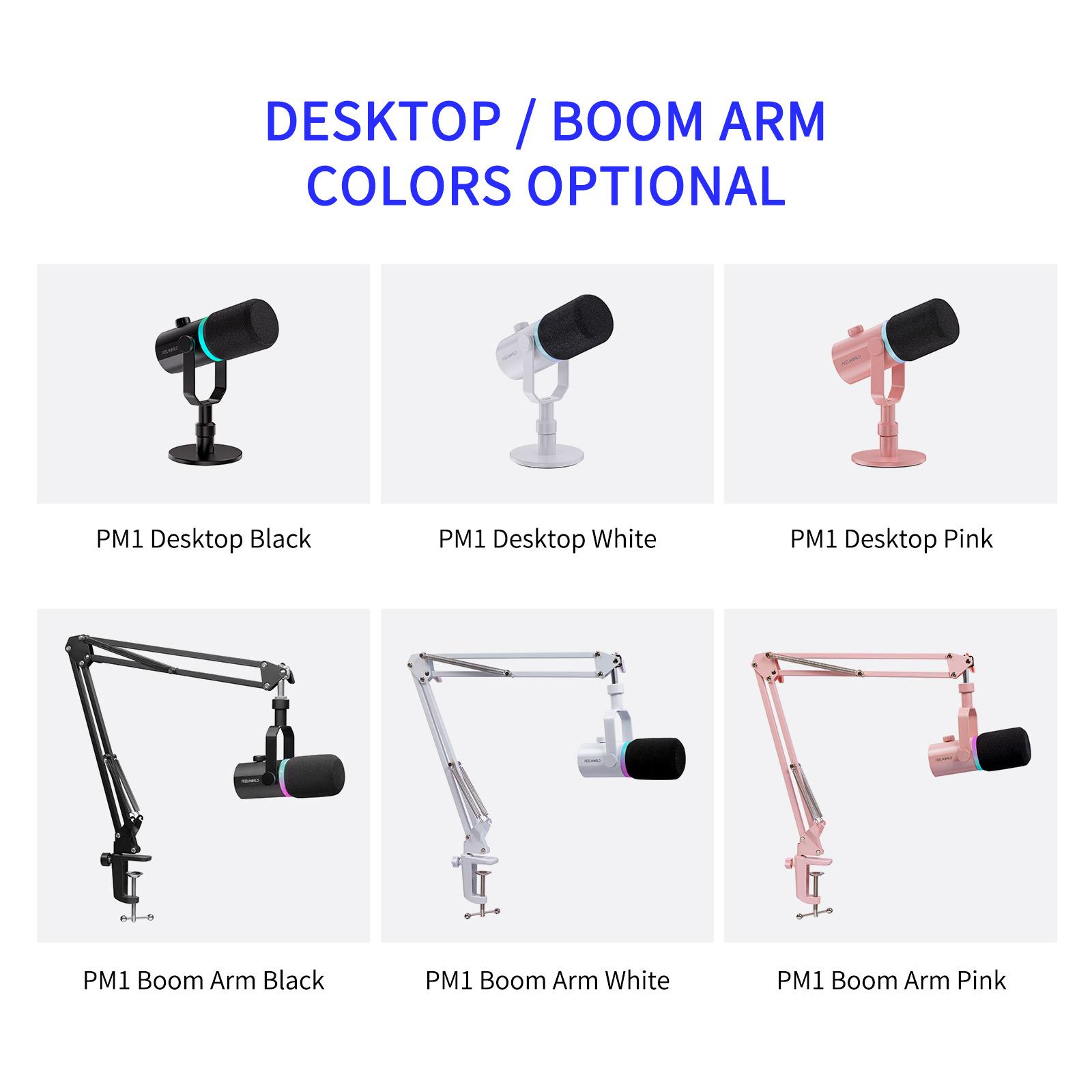 FEELWORLD PM1 XLR USB Dynamic Microphone with Boom Arm Stand for Podcast Recording PC Computer Gaming Live Streaming Vocal Voice-Over, Studio Metal Mic, RGB Light, Mute Button, Headphones Jack
