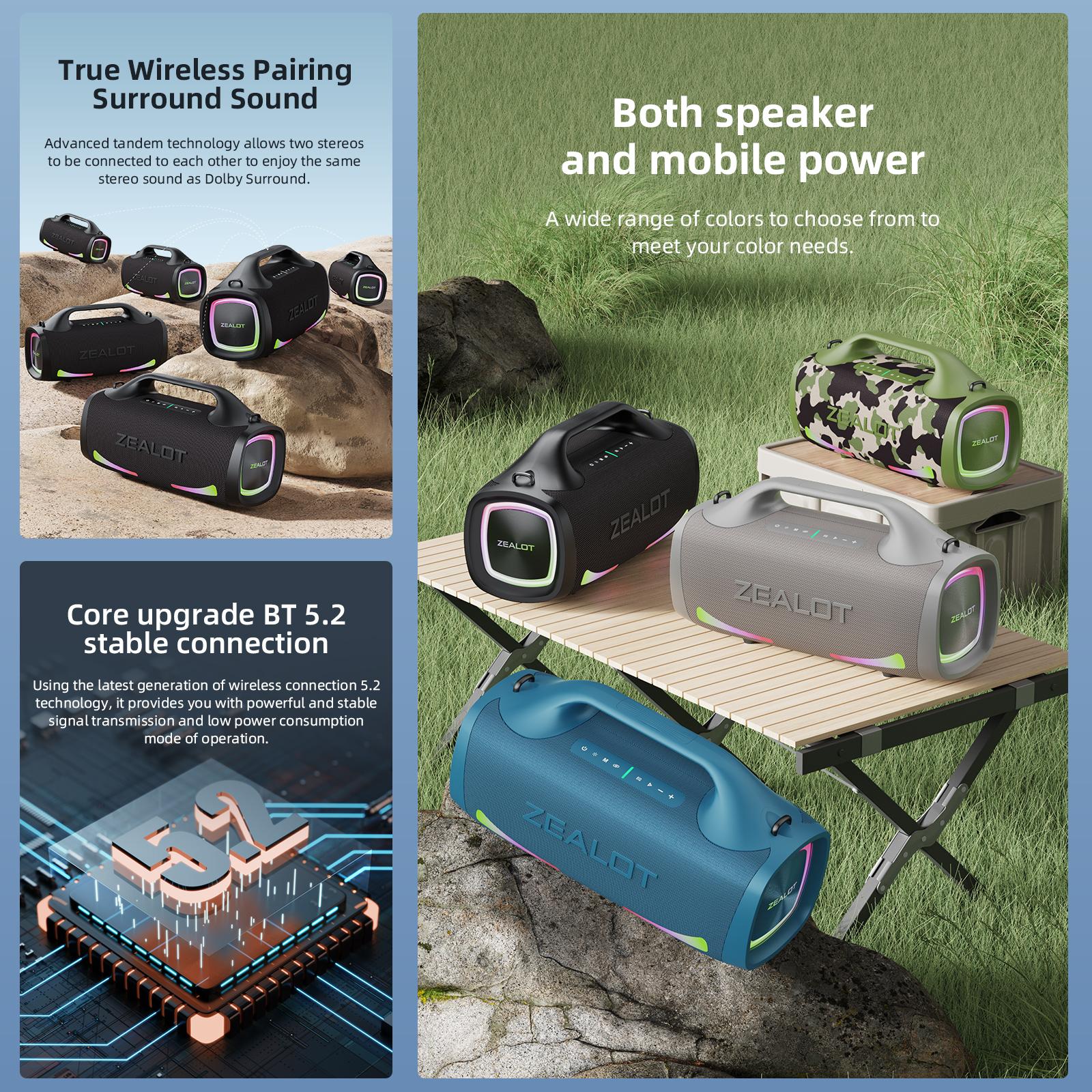 ZEALOT Fitness & Outdoor Bluetooth Speaker, 100W HIFI Stereo & Deep Bass, IPX7 Waterproof, 24000mAh Battery, RGB Lights, Carry Strap, Power Bank for Gym Yoga Camping Beach